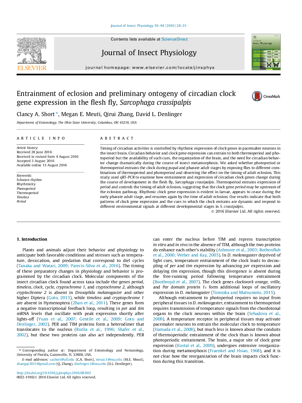 Entrainment of eclosion and preliminary ontogeny of circadian clock gene expression in the flesh fly, Sarcophaga crassipalpis