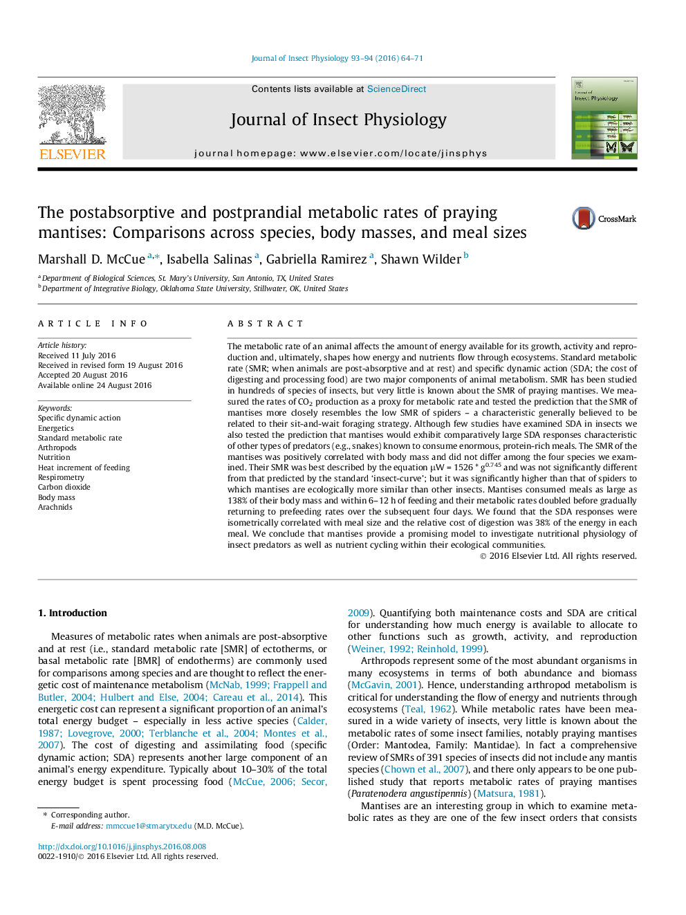 The postabsorptive and postprandial metabolic rates of praying mantises: Comparisons across species, body masses, and meal sizes