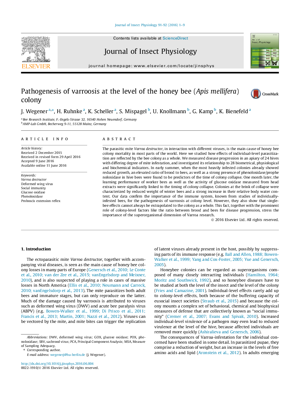 Pathogenesis of varroosis at the level of the honey bee (Apis mellifera) colony