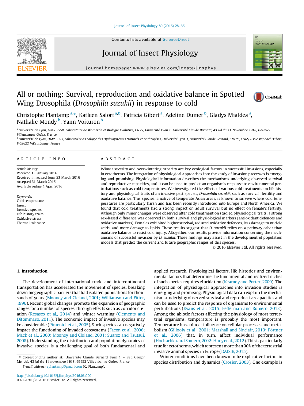 All or nothing: Survival, reproduction and oxidative balance in Spotted Wing Drosophila (Drosophila suzukii) in response to cold