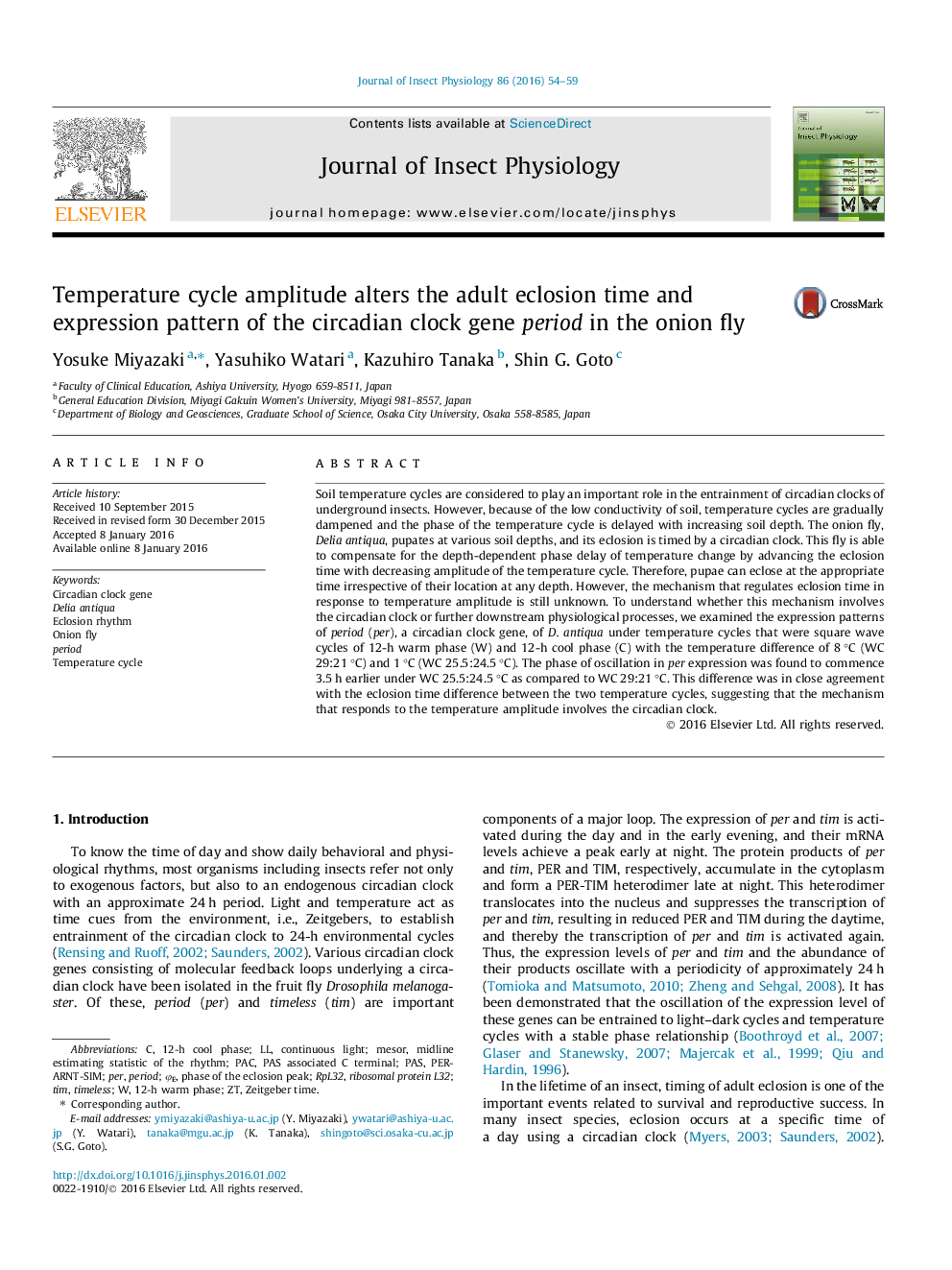 Temperature cycle amplitude alters the adult eclosion time and expression pattern of the circadian clock gene period in the onion fly