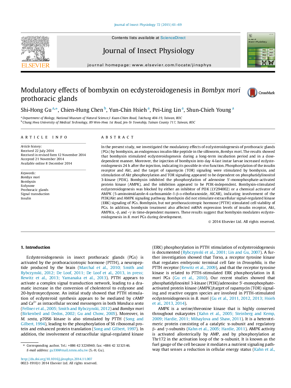 Modulatory effects of bombyxin on ecdysteroidogenesis in Bombyx mori prothoracic glands