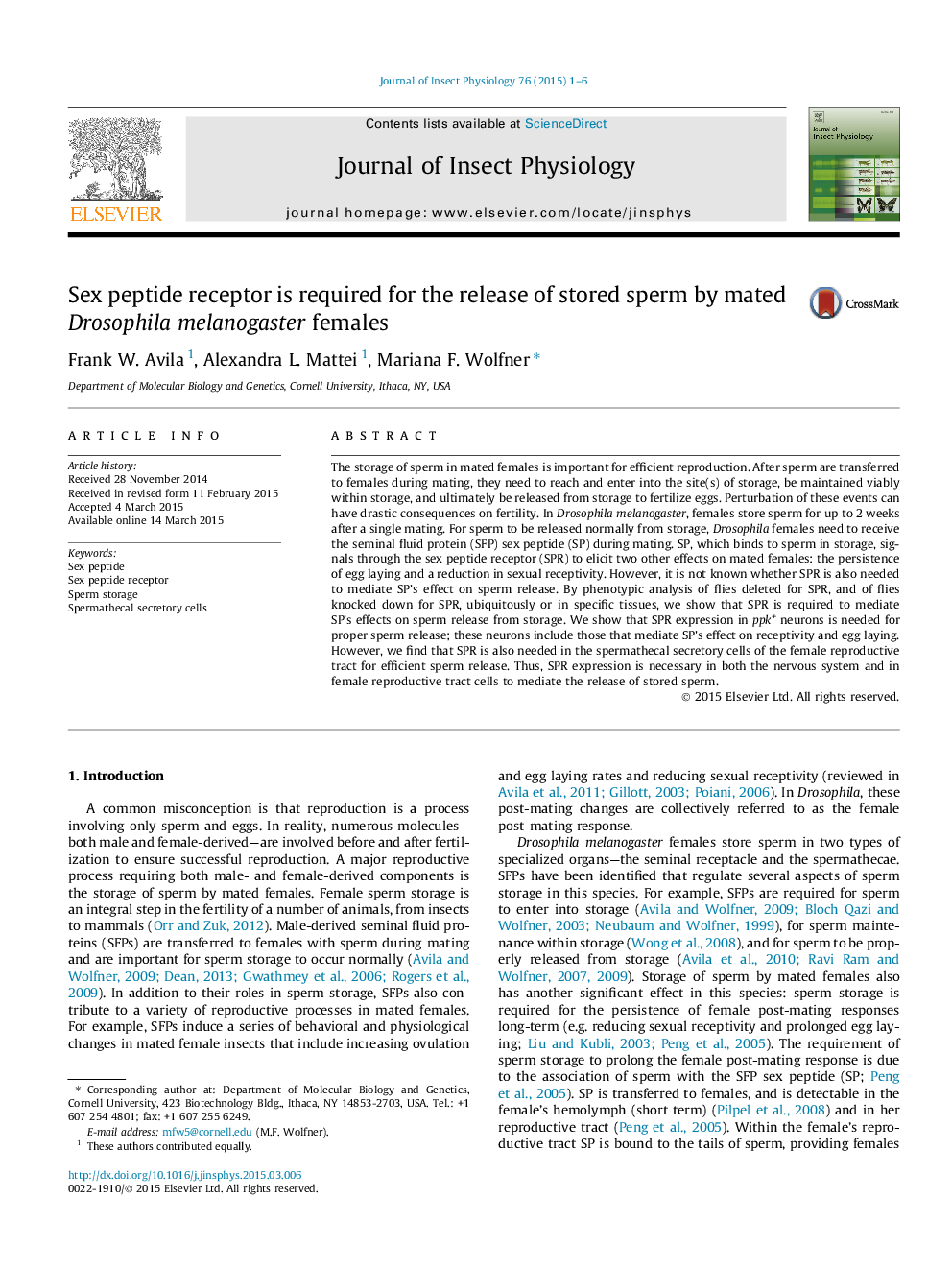 Sex peptide receptor is required for the release of stored sperm by mated Drosophila melanogaster females