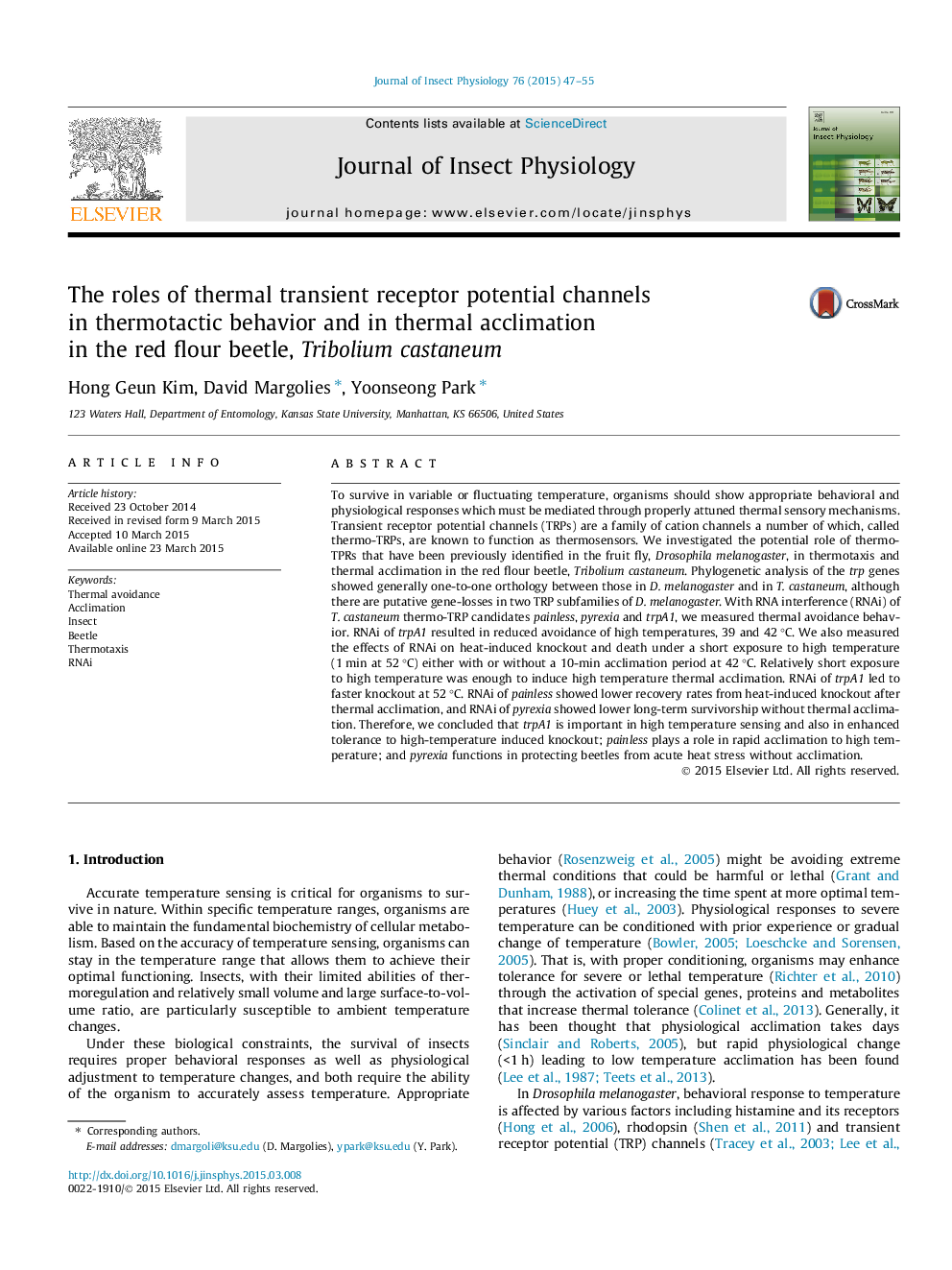 The roles of thermal transient receptor potential channels in thermotactic behavior and in thermal acclimation in the red flour beetle, Tribolium castaneum