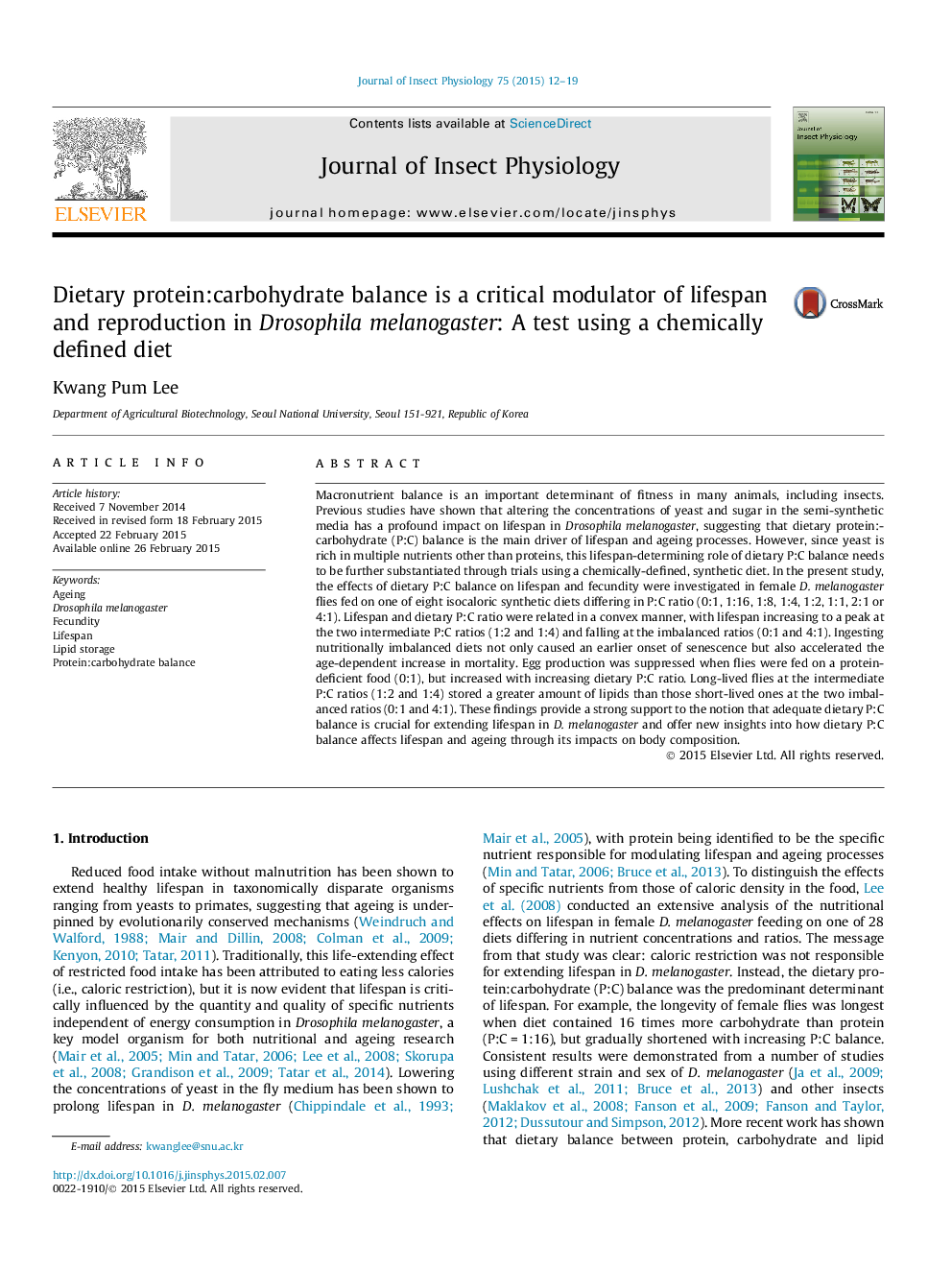 Dietary protein:carbohydrate balance is a critical modulator of lifespan and reproduction in Drosophila melanogaster: A test using a chemically defined diet