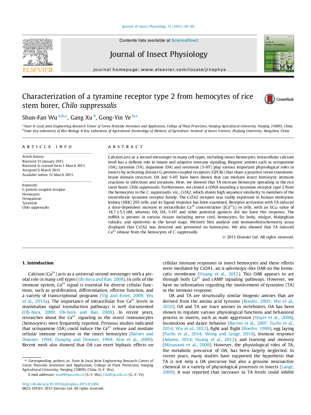 Characterization of a tyramine receptor type 2 from hemocytes of rice stem borer, Chilo suppressalis