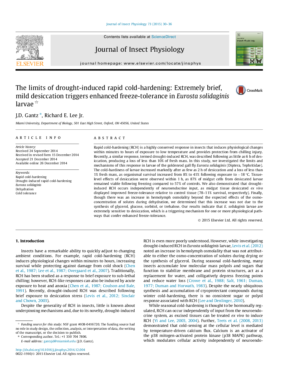 The limits of drought-induced rapid cold-hardening: Extremely brief, mild desiccation triggers enhanced freeze-tolerance in Eurosta solidaginis larvae 