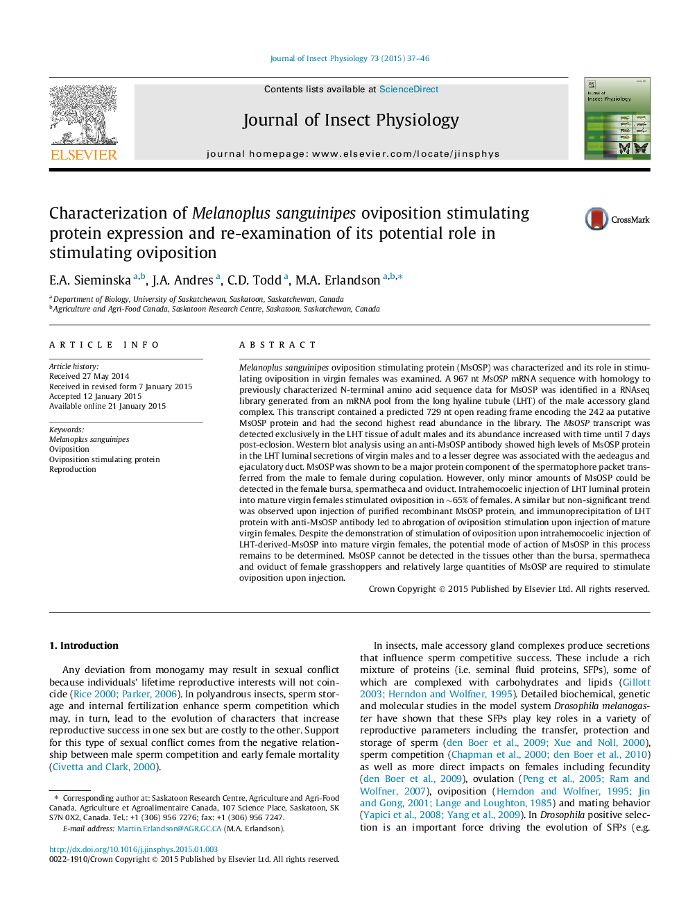 Characterization of Melanoplus sanguinipes oviposition stimulating protein expression and re-examination of its potential role in stimulating oviposition