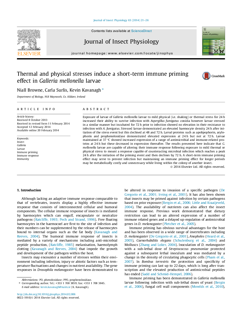 Thermal and physical stresses induce a short-term immune priming effect in Galleria mellonella larvae