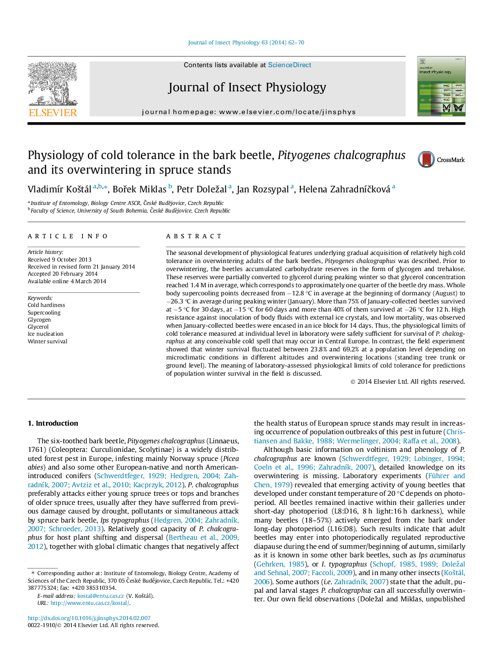 Physiology of cold tolerance in the bark beetle, Pityogenes chalcographus and its overwintering in spruce stands