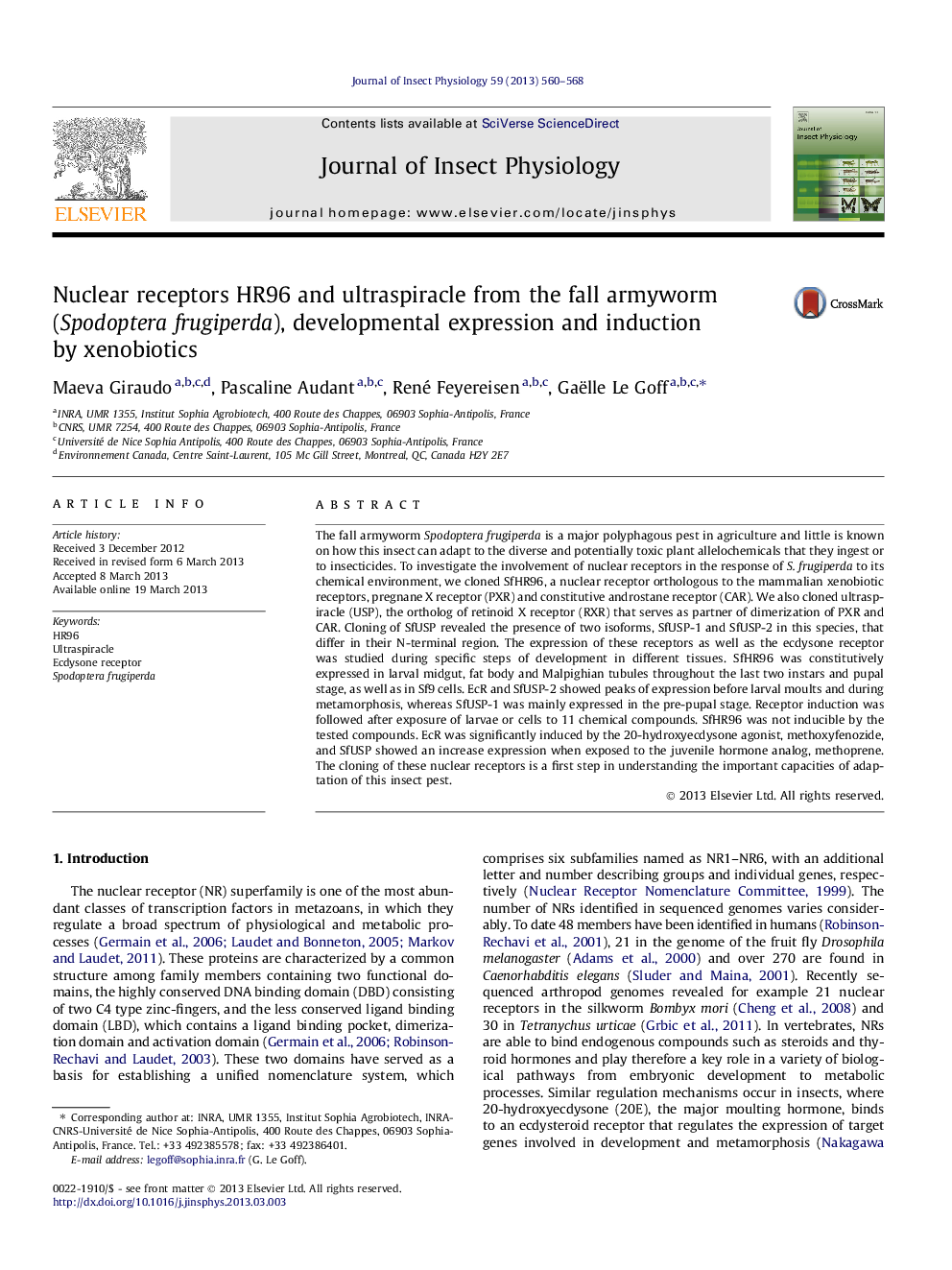 Nuclear receptors HR96 and ultraspiracle from the fall armyworm (Spodoptera frugiperda), developmental expression and induction by xenobiotics