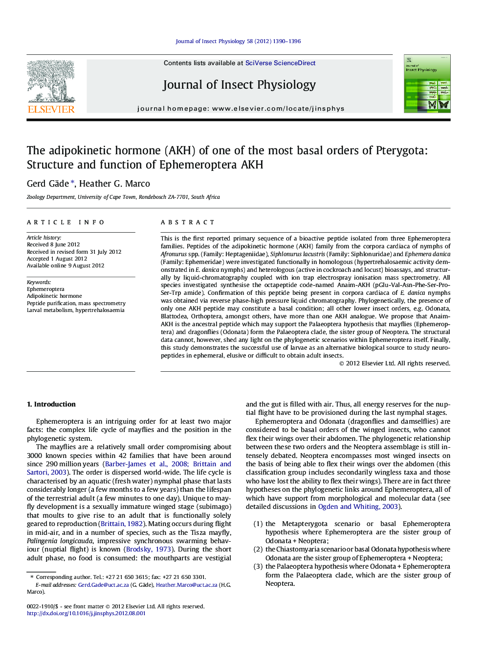 The adipokinetic hormone (AKH) of one of the most basal orders of Pterygota: Structure and function of Ephemeroptera AKH