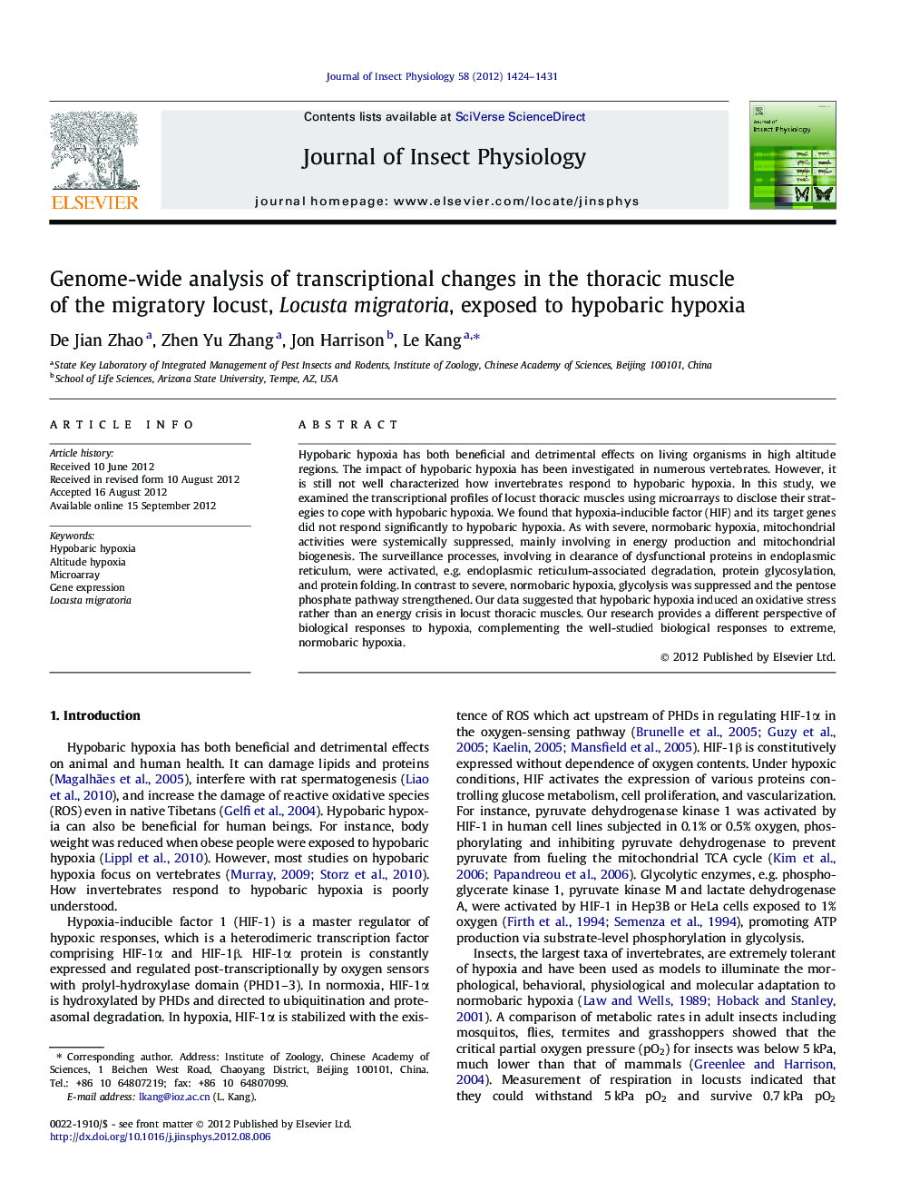 عکس صفحه اول مقاله: Genome-wide analysis of transcriptional changes in the thoracic muscle of the migratory locust, Locusta migratoria, exposed to hypobaric hypoxia Genome-wide analysis of transcriptional changes in the thoracic muscle of the migratory locust, Locusta migratoria, exposed to hypobaric hypoxia