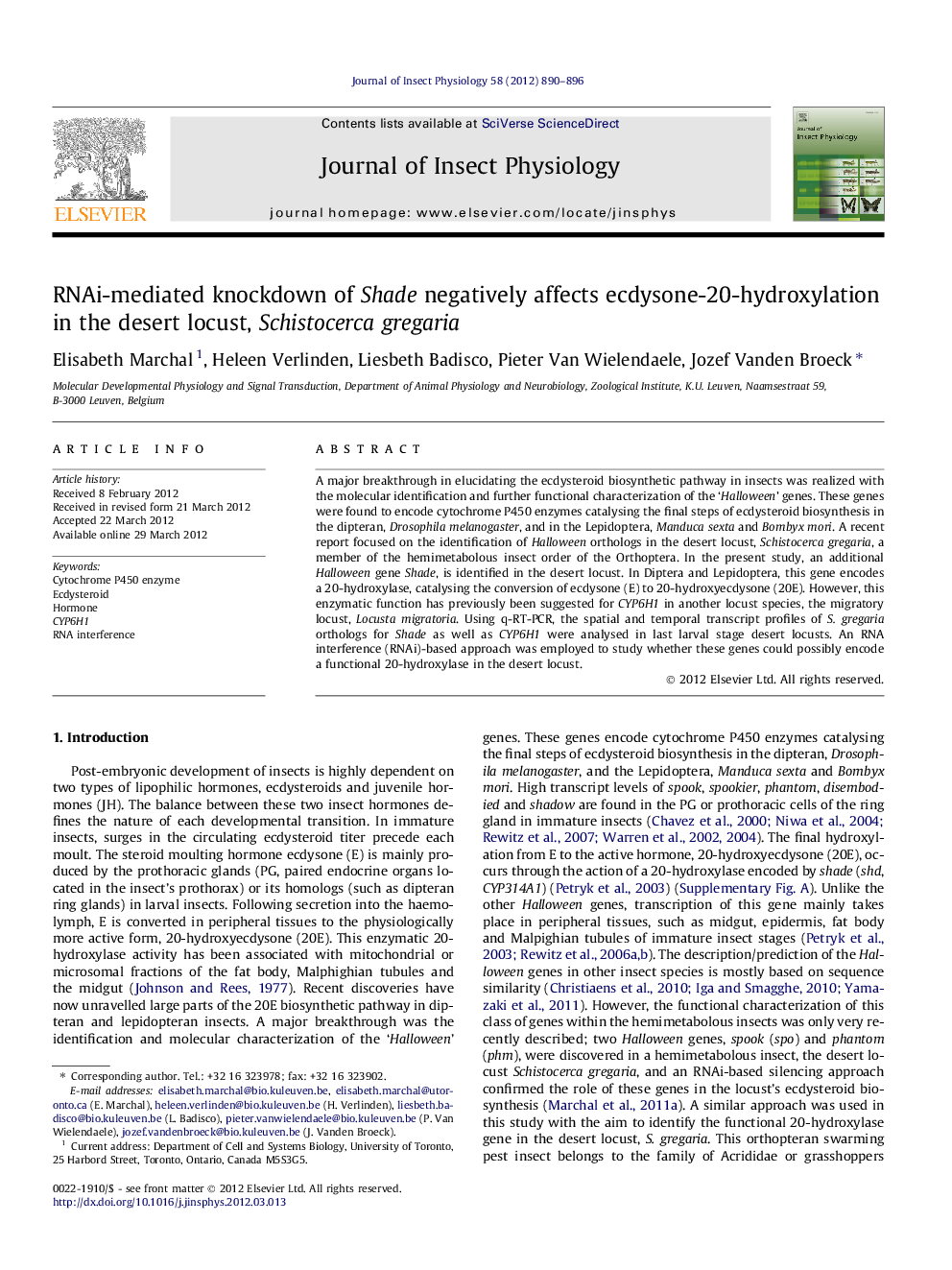 عکس صفحه اول مقاله: RNAi-mediated knockdown of Shade negatively affects ecdysone-20-hydroxylation in the desert locust, Schistocerca gregaria RNAi-mediated knockdown of Shade negatively affects ecdysone-20-hydroxylation in the desert locust, Schistocerca gregaria