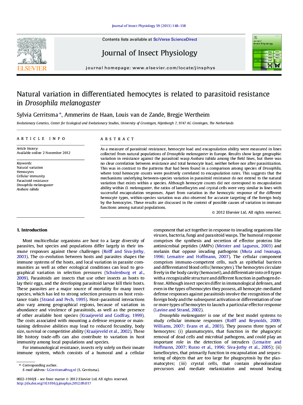 Natural variation in differentiated hemocytes is related to parasitoid resistance in Drosophila melanogaster