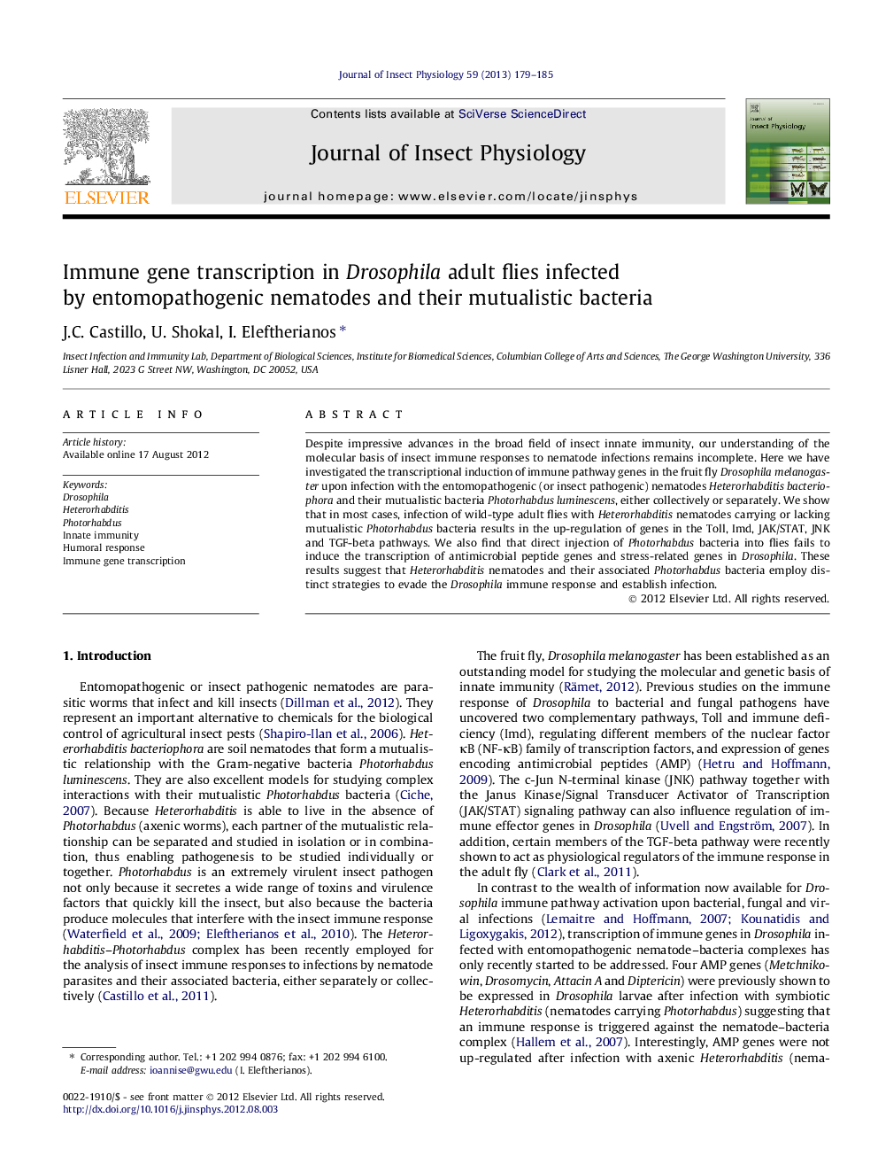 Immune gene transcription in Drosophila adult flies infected by entomopathogenic nematodes and their mutualistic bacteria