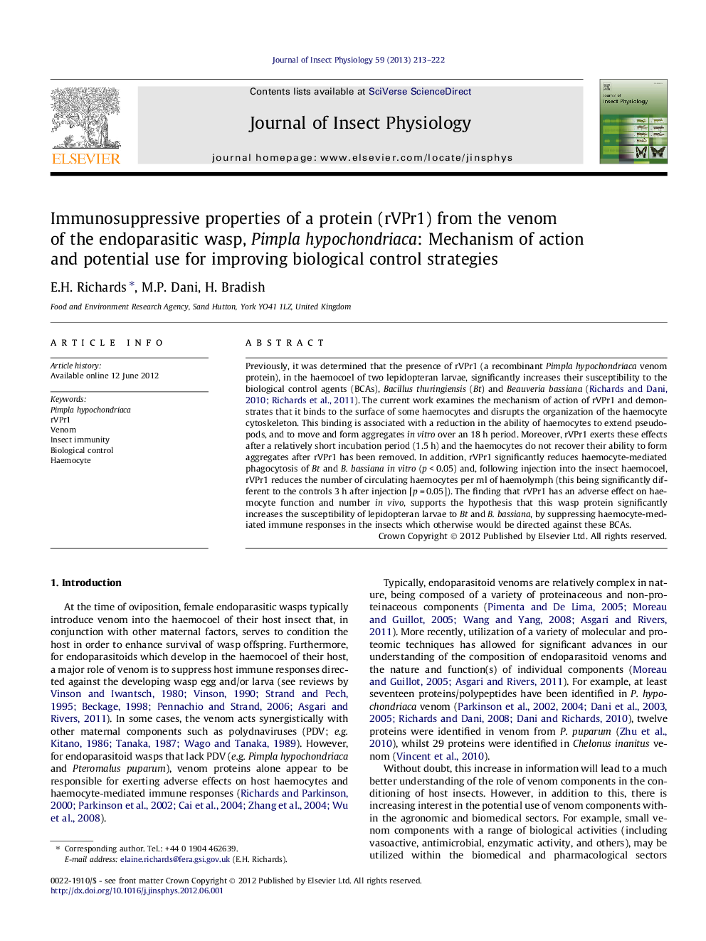 Immunosuppressive properties of a protein (rVPr1) from the venom of the endoparasitic wasp, Pimpla hypochondriaca: Mechanism of action and potential use for improving biological control strategies