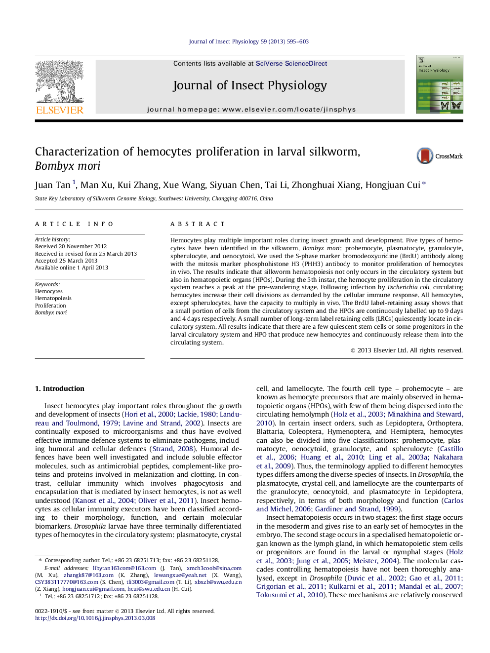 Characterization of hemocytes proliferation in larval silkworm, Bombyx mori