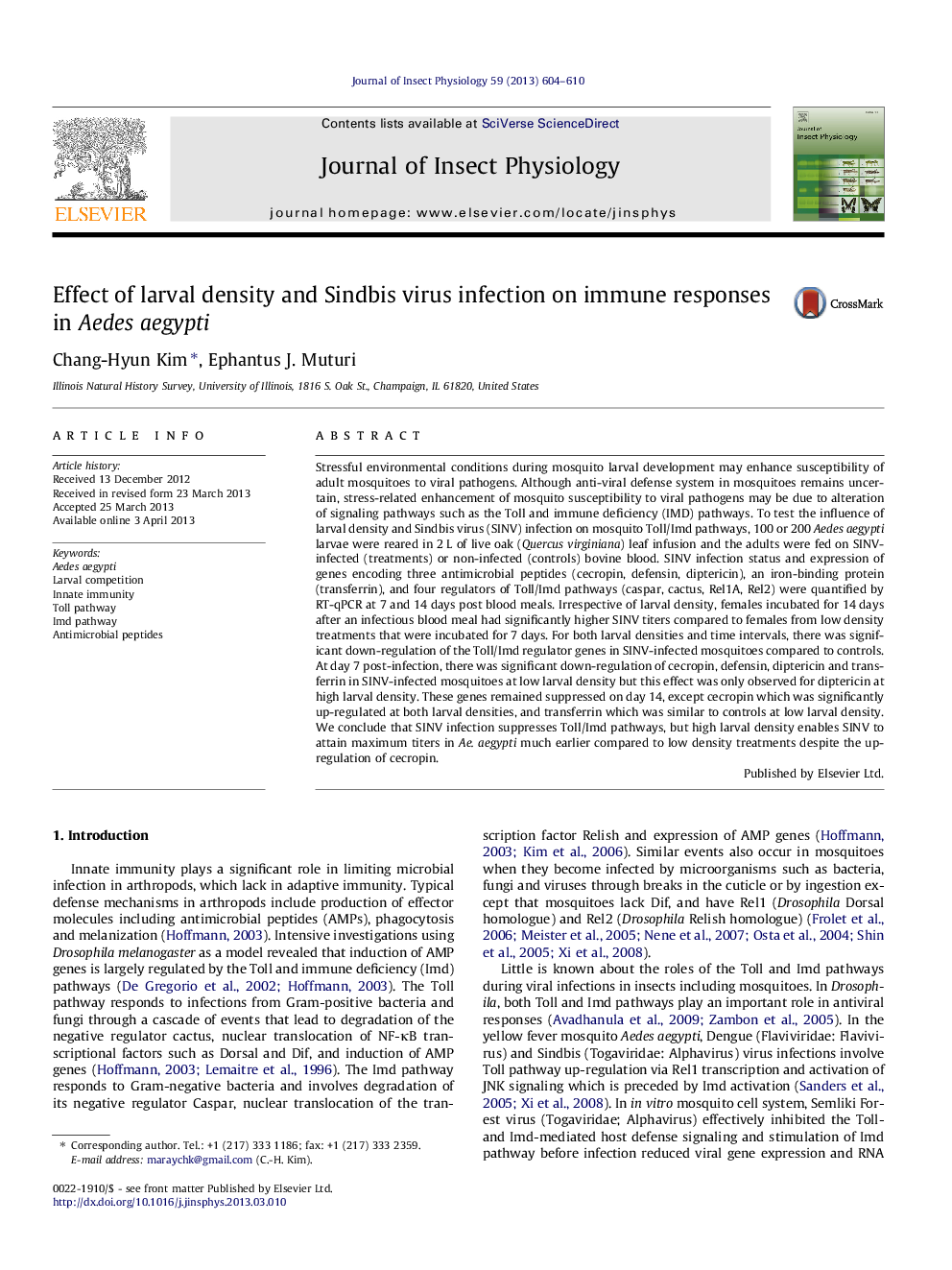 Effect of larval density and Sindbis virus infection on immune responses in Aedes aegypti