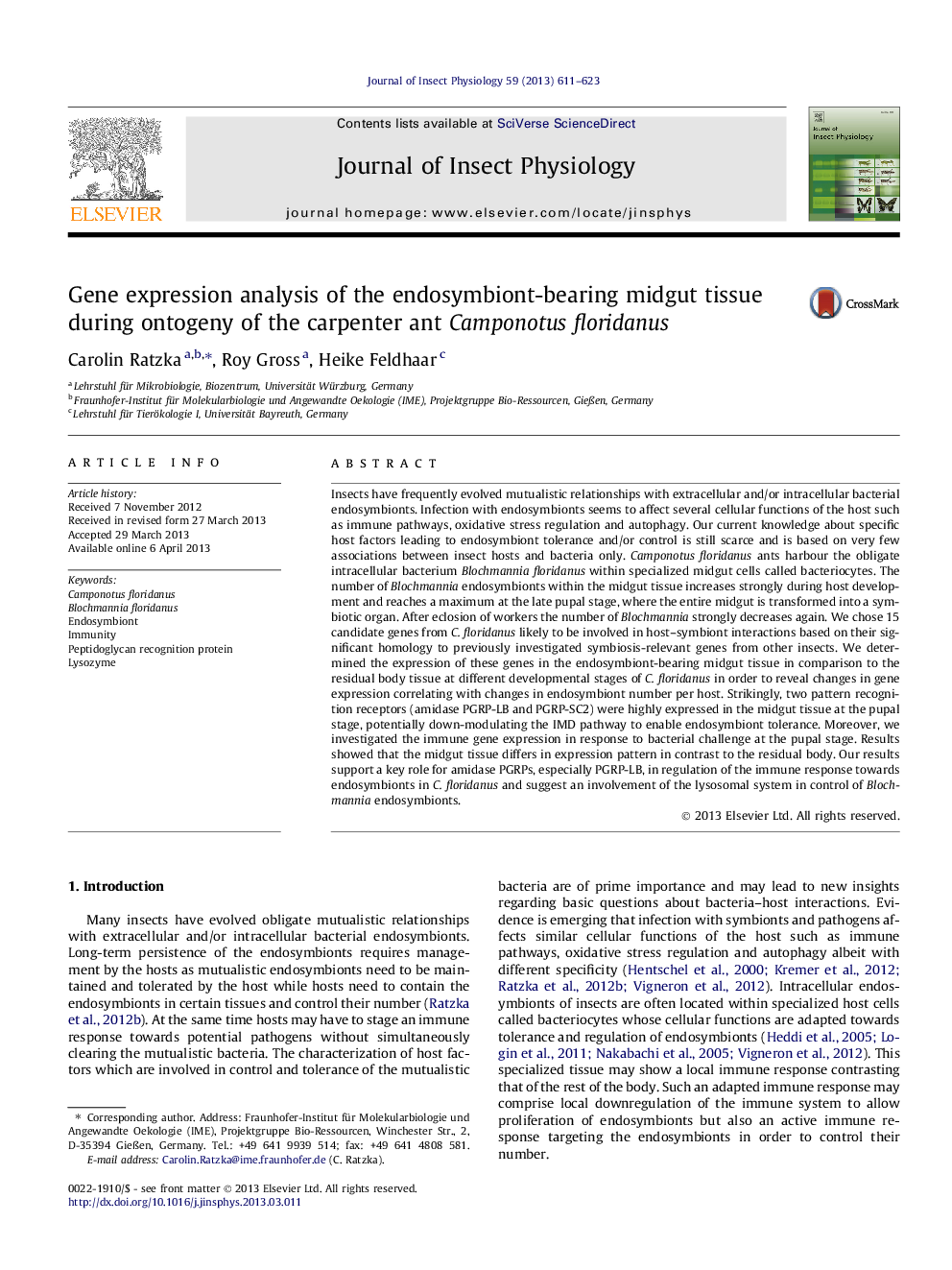 Gene expression analysis of the endosymbiont-bearing midgut tissue during ontogeny of the carpenter ant Camponotus floridanus