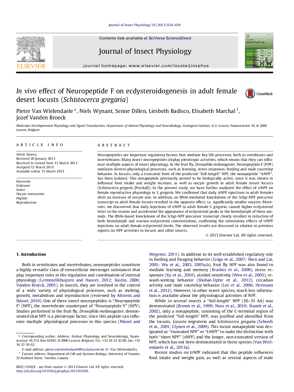 In vivo effect of Neuropeptide F on ecdysteroidogenesis in adult female desert locusts (Schistocerca gregaria)