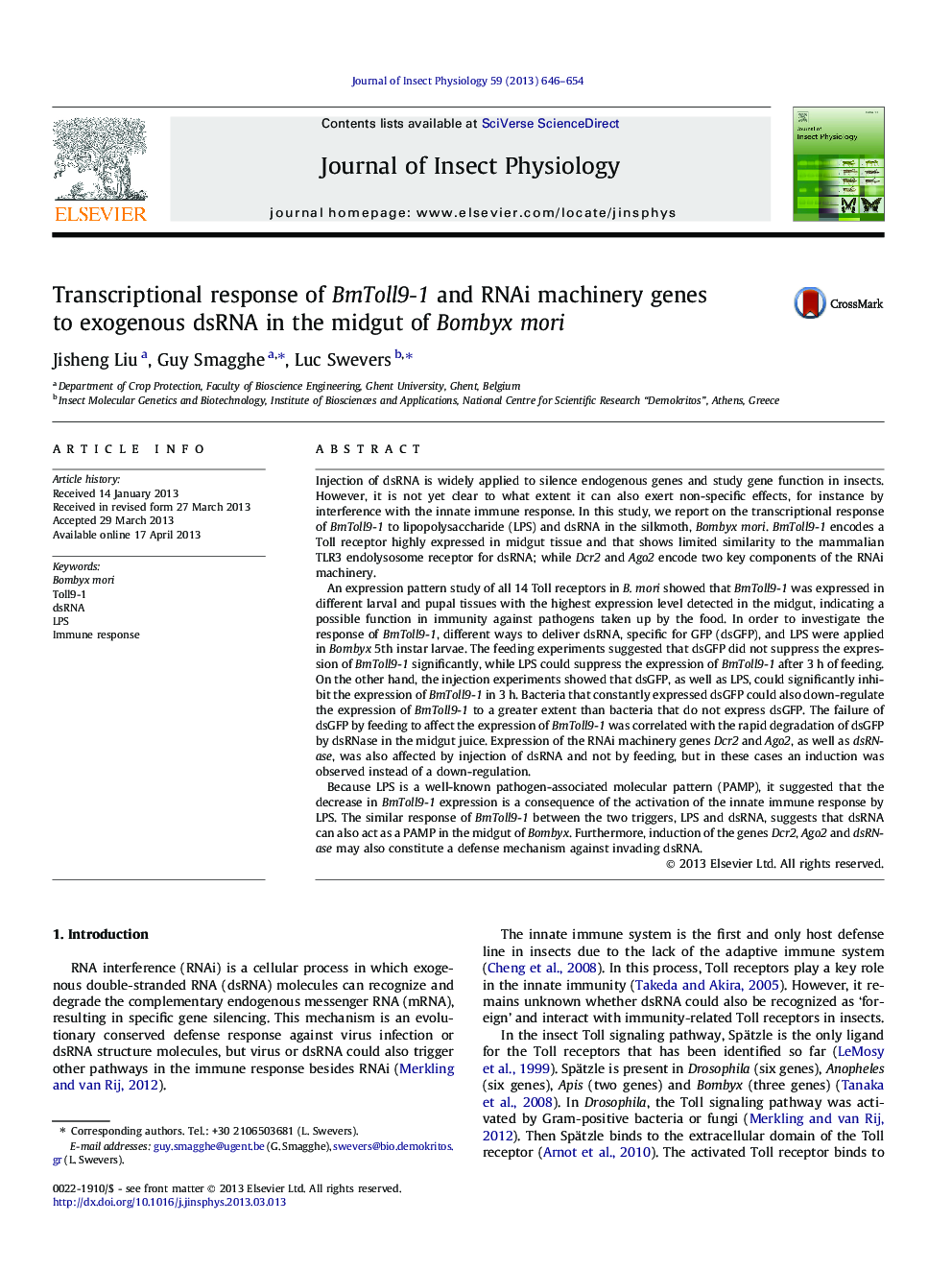 Transcriptional response of BmToll9-1 and RNAi machinery genes to exogenous dsRNA in the midgut of Bombyx mori