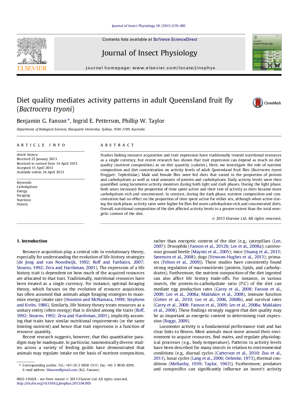 Diet quality mediates activity patterns in adult Queensland fruit fly (Bactrocera tryoni)