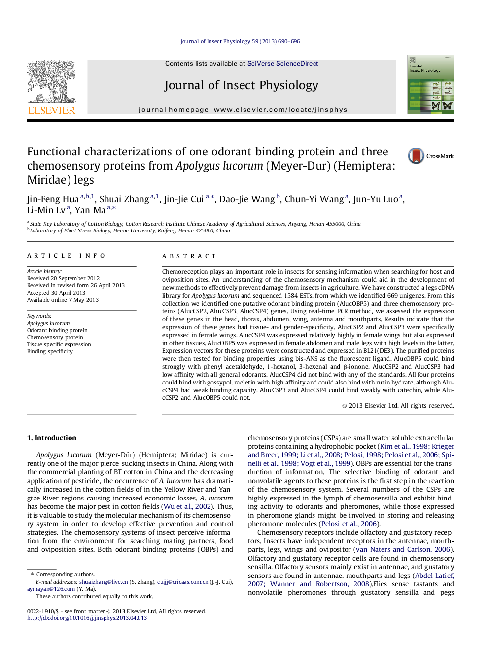 Functional characterizations of one odorant binding protein and three chemosensory proteins from Apolygus lucorum (Meyer-Dur) (Hemiptera: Miridae) legs