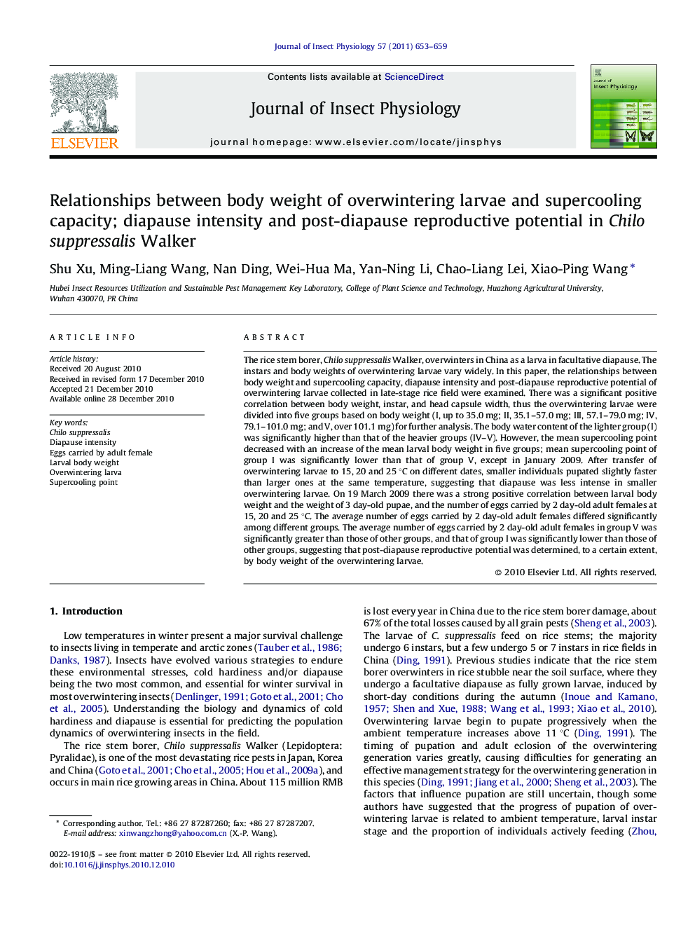 Relationships between body weight of overwintering larvae and supercooling capacity; diapause intensity and post-diapause reproductive potential in Chilo suppressalis Walker