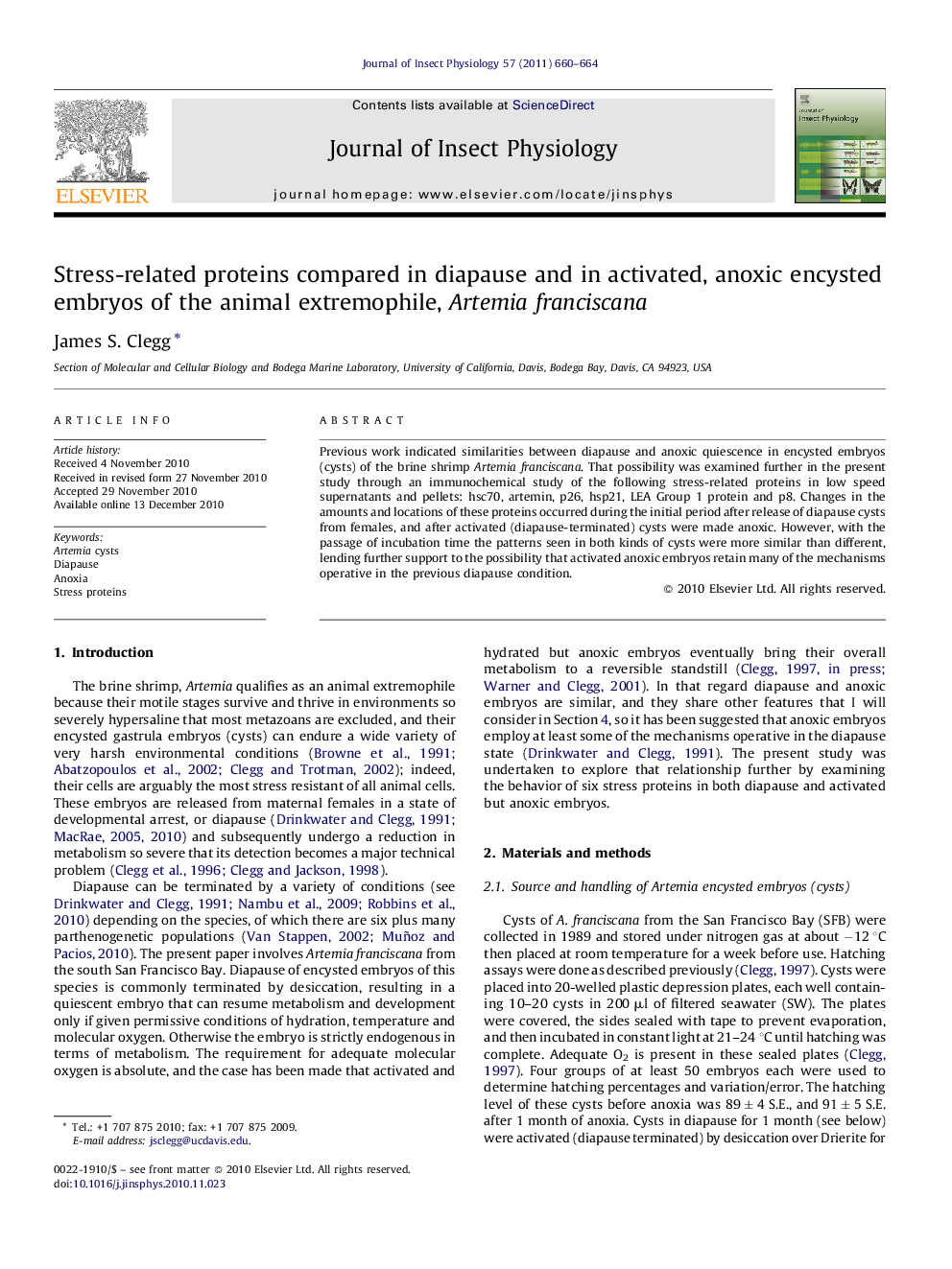 Stress-related proteins compared in diapause and in activated, anoxic encysted embryos of the animal extremophile, Artemia franciscana