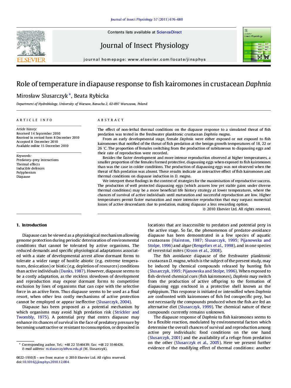 Role of temperature in diapause response to fish kairomones in crustacean Daphnia