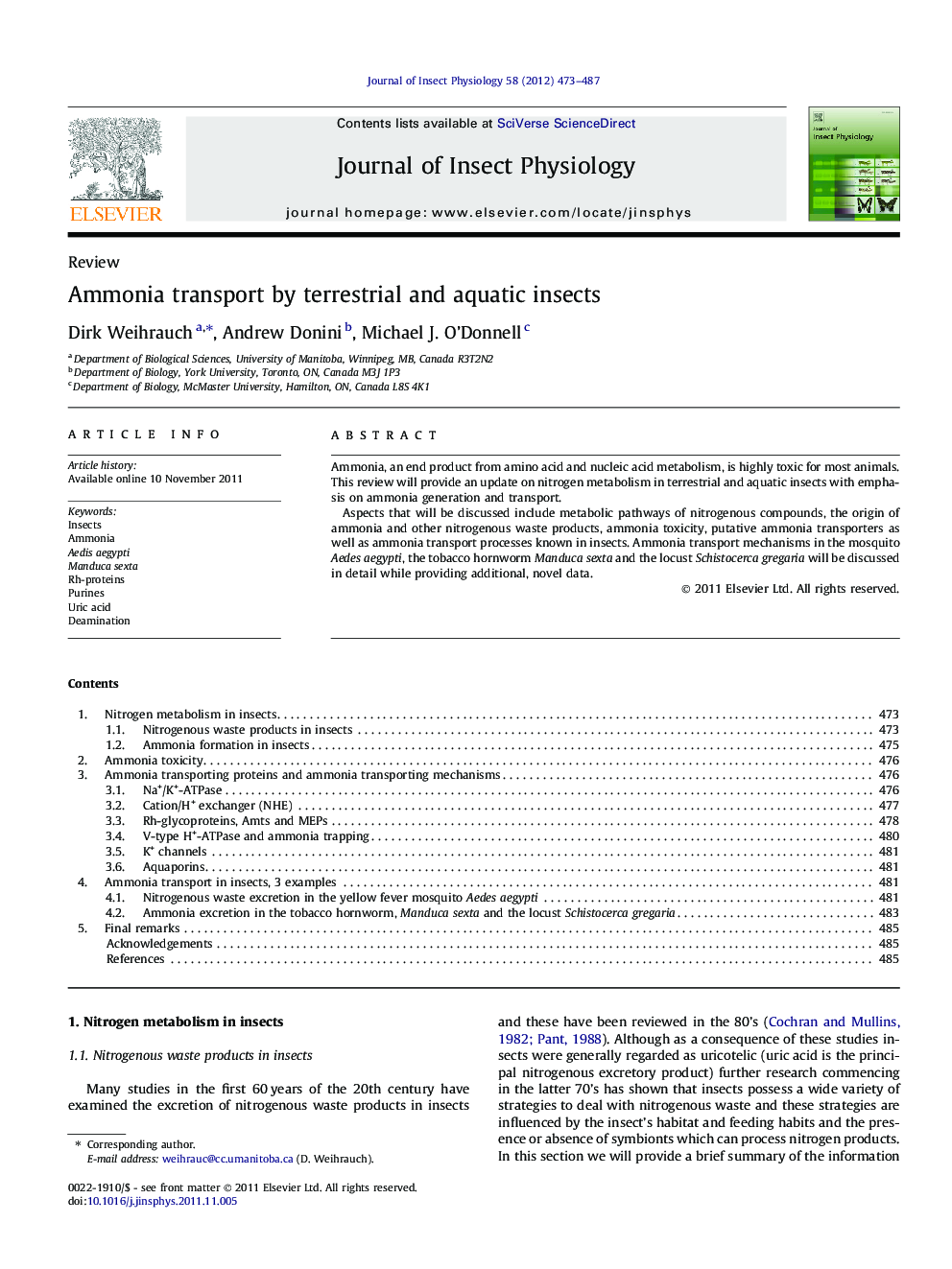 Ammonia transport by terrestrial and aquatic insects