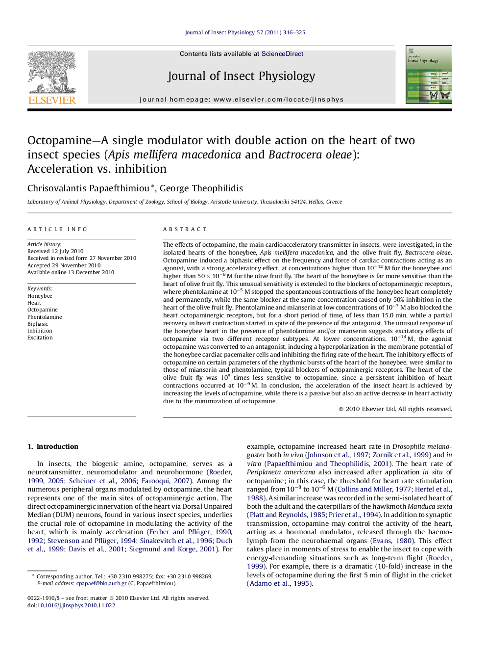 Octopamine—A single modulator with double action on the heart of two insect species (Apis mellifera macedonica and Bactrocera oleae): Acceleration vs. inhibition