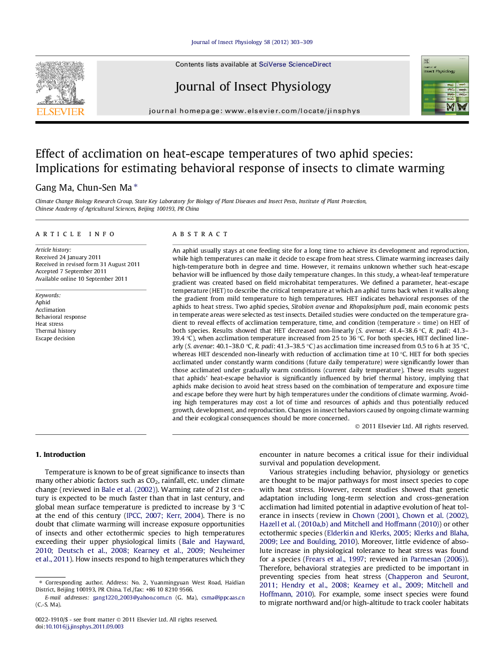 Effect of acclimation on heat-escape temperatures of two aphid species: Implications for estimating behavioral response of insects to climate warming