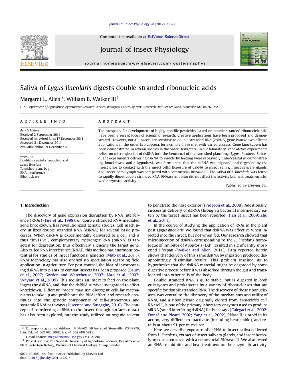 Saliva of Lygus lineolaris digests double stranded ribonucleic acids