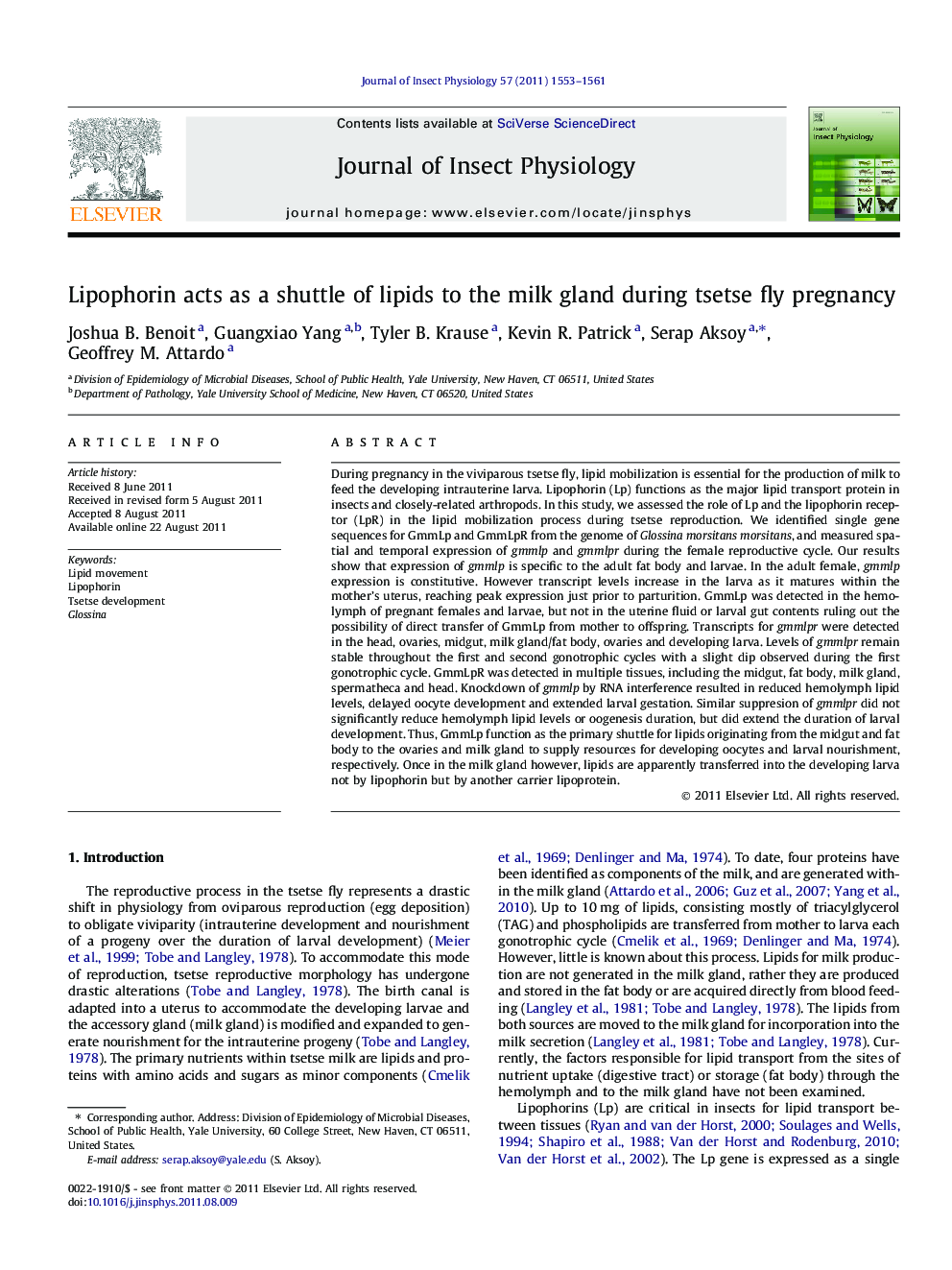 Lipophorin acts as a shuttle of lipids to the milk gland during tsetse fly pregnancy