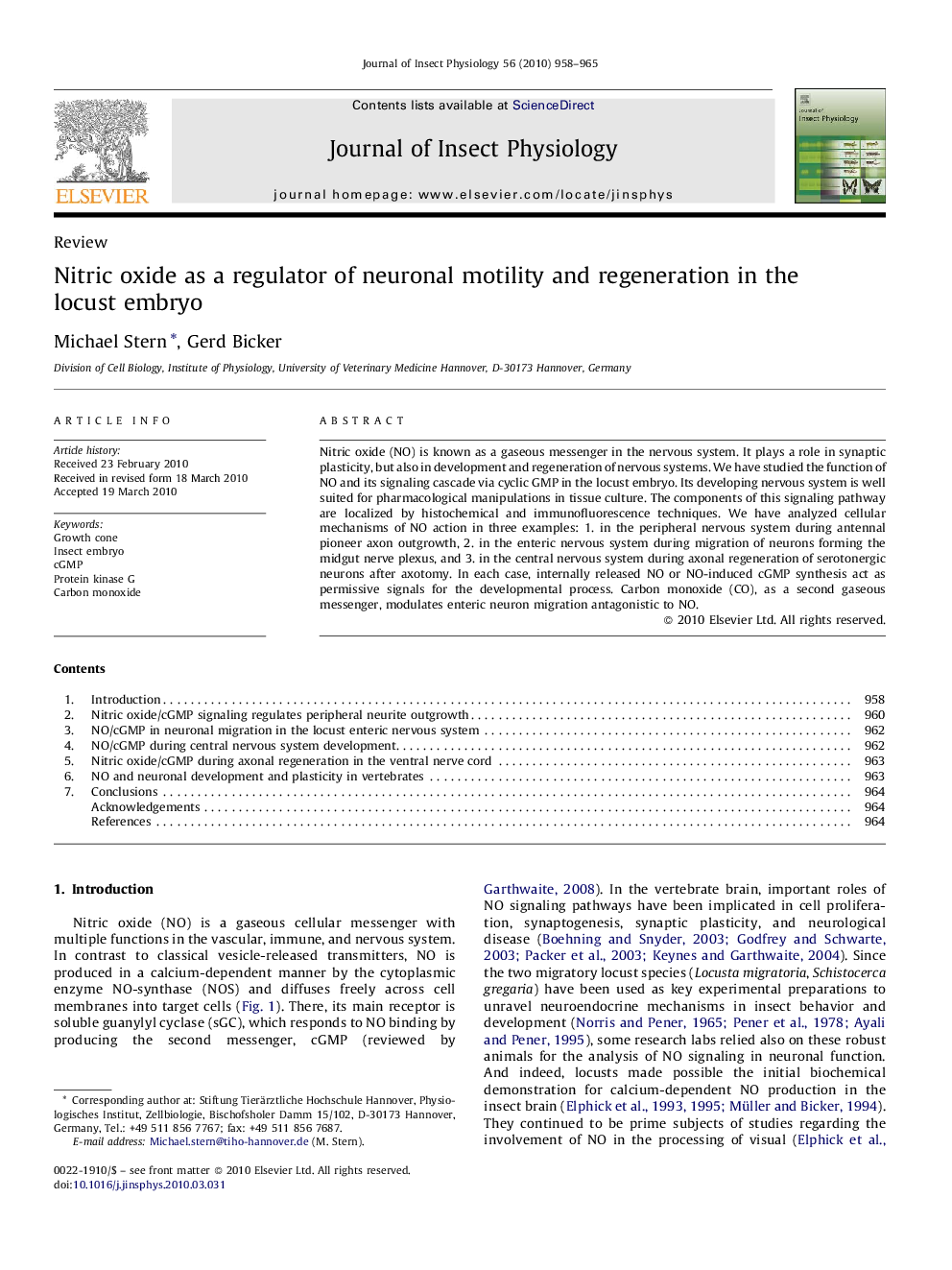 Nitric oxide as a regulator of neuronal motility and regeneration in the locust embryo