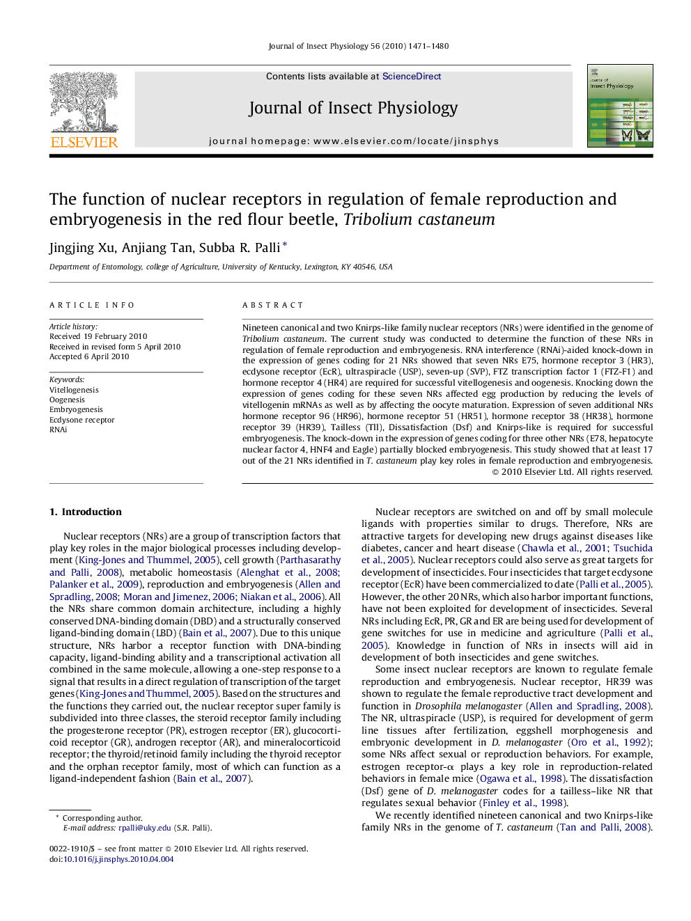 The function of nuclear receptors in regulation of female reproduction and embryogenesis in the red flour beetle, Tribolium castaneum