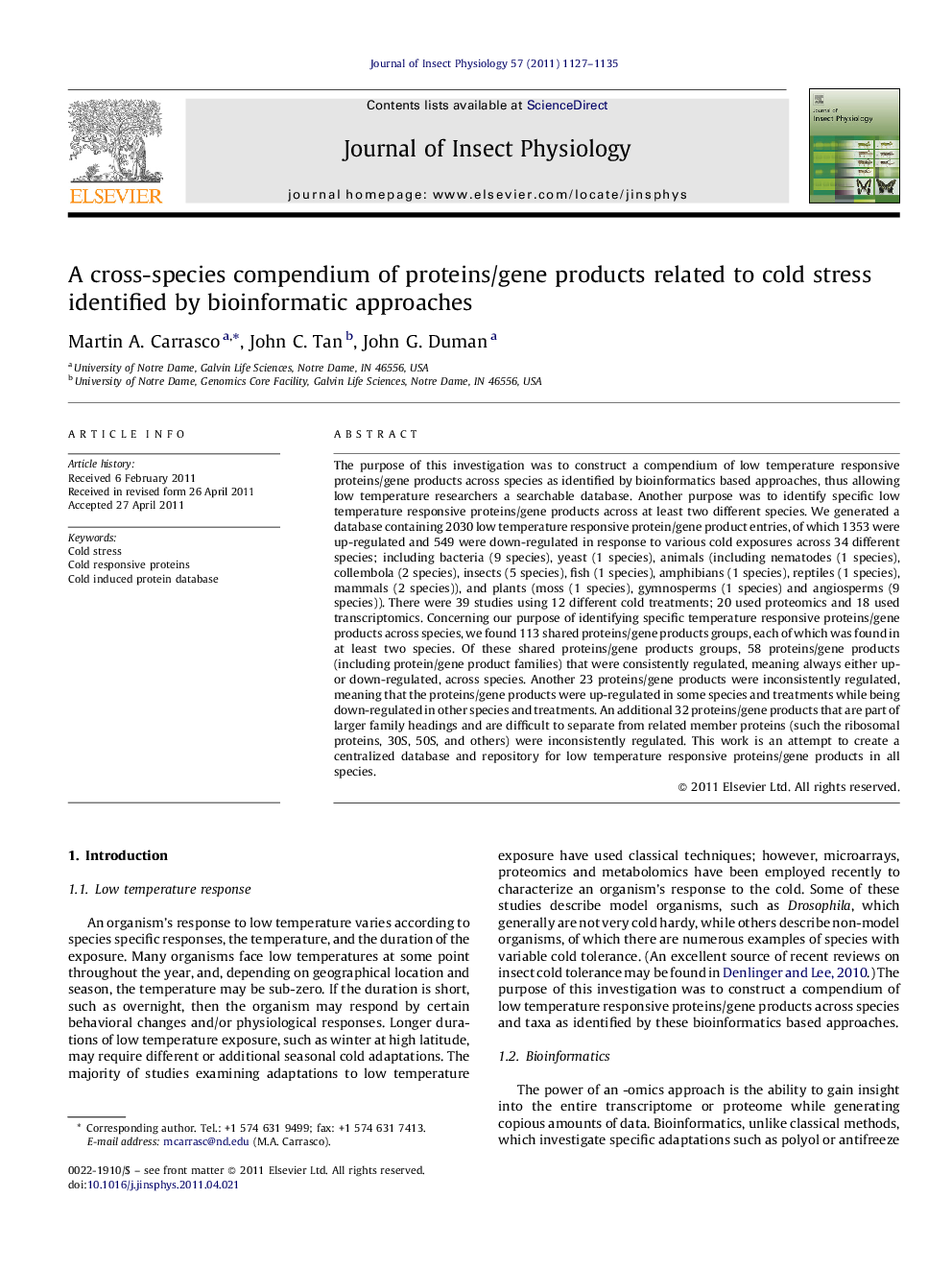 A cross-species compendium of proteins/gene products related to cold stress identified by bioinformatic approaches