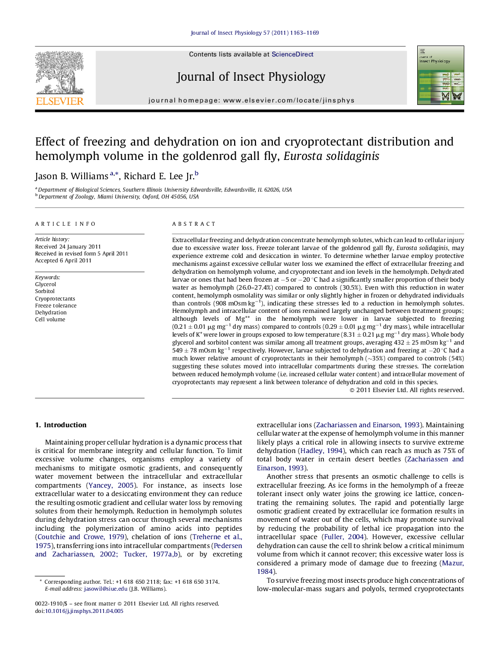 Effect of freezing and dehydration on ion and cryoprotectant distribution and hemolymph volume in the goldenrod gall fly, Eurosta solidaginis