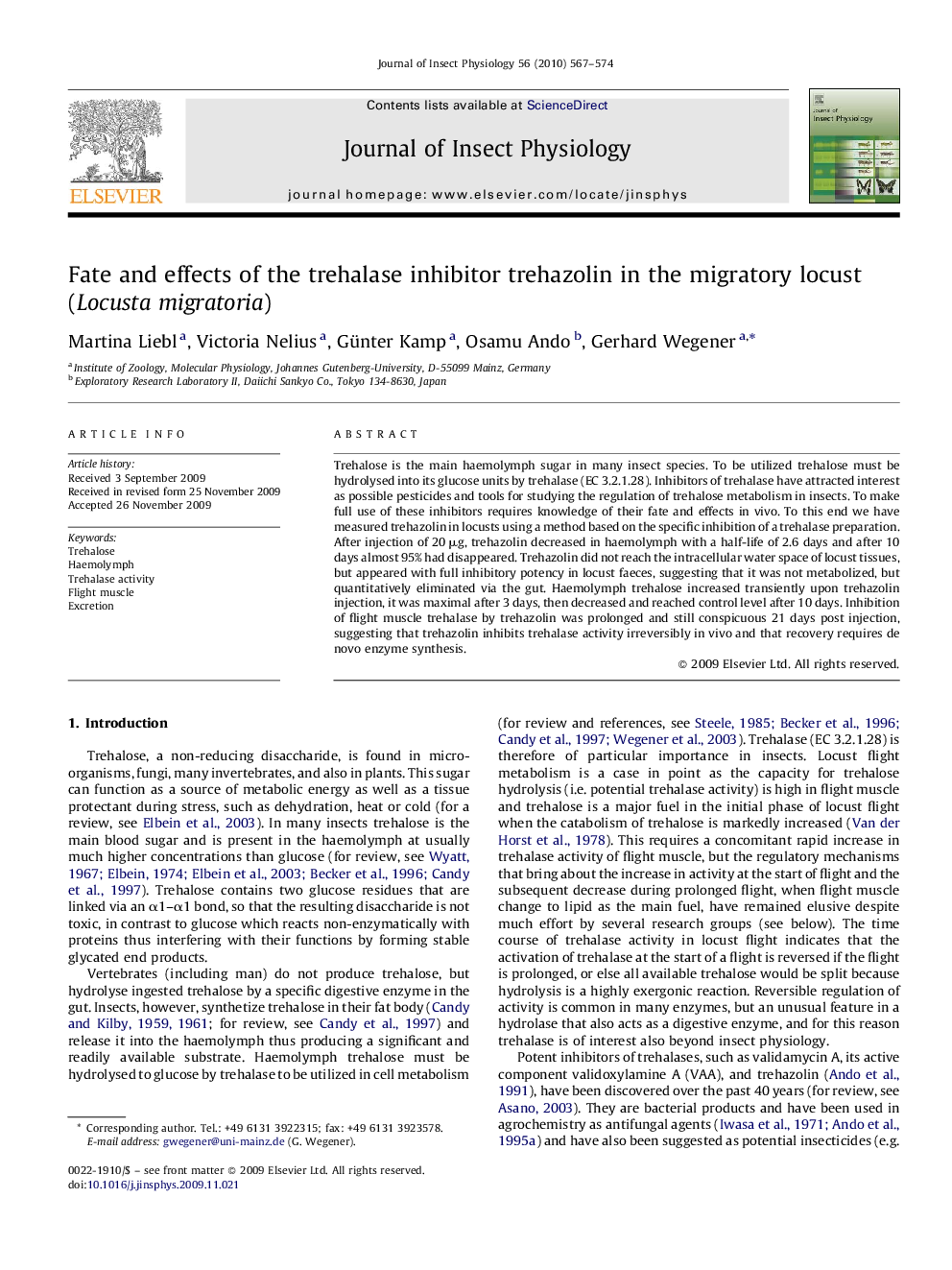 Fate and effects of the trehalase inhibitor trehazolin in the migratory locust (Locusta migratoria)