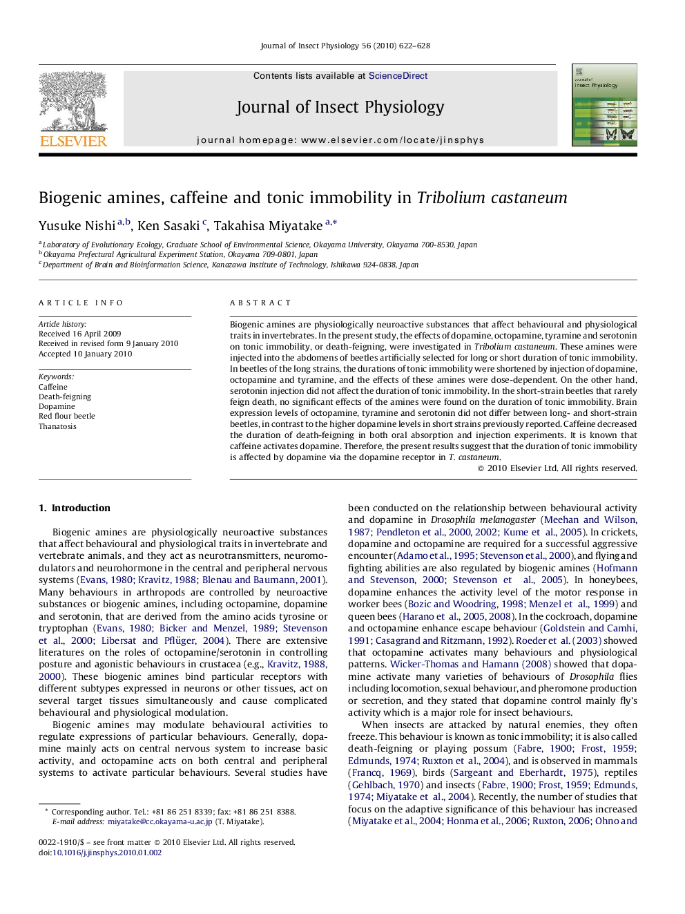 Biogenic amines, caffeine and tonic immobility in Tribolium castaneum