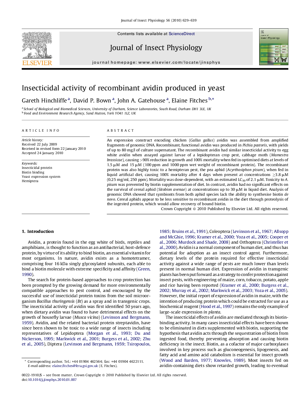 Insecticidal activity of recombinant avidin produced in yeast