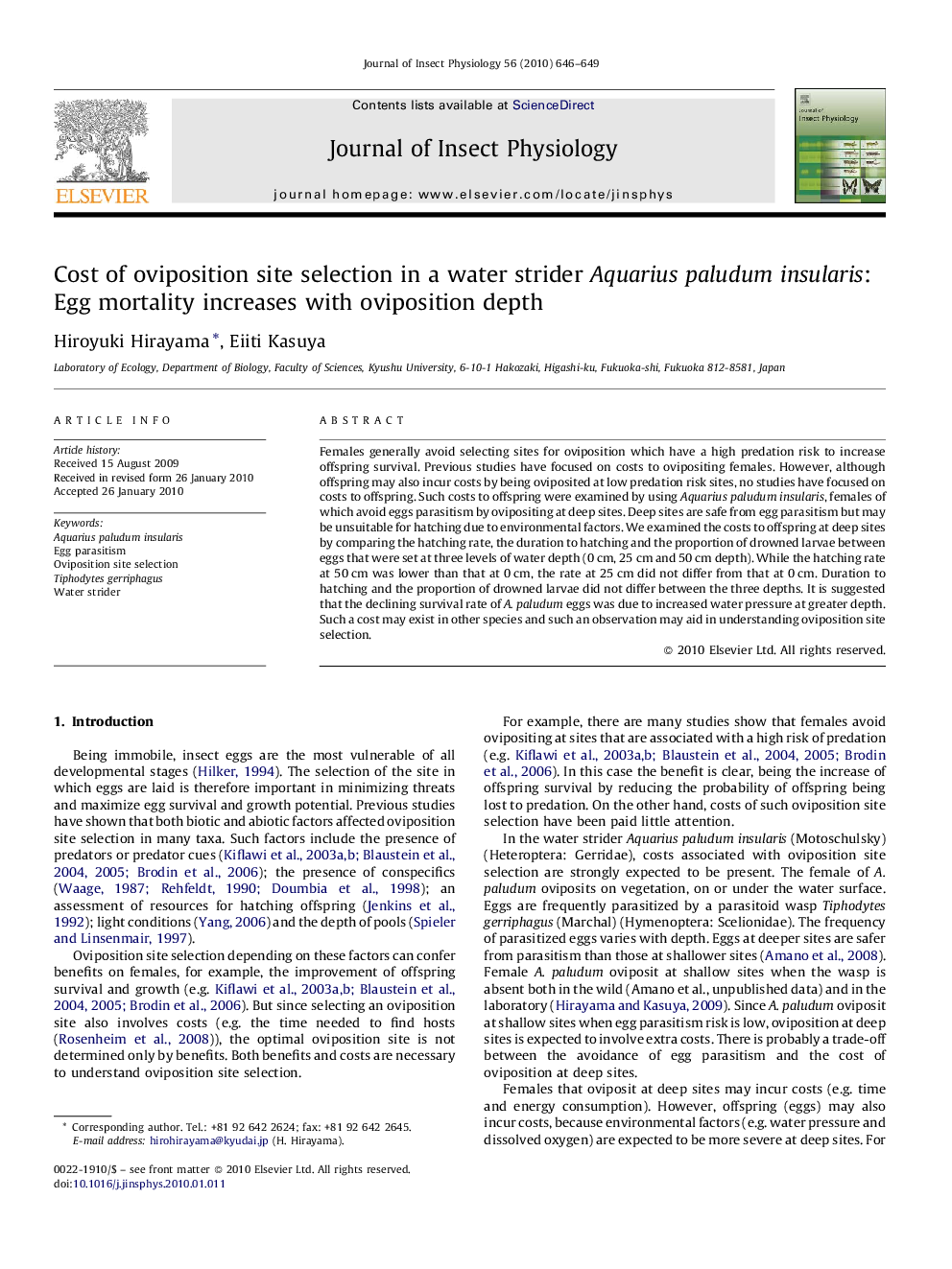 Cost of oviposition site selection in a water strider Aquarius paludum insularis: Egg mortality increases with oviposition depth