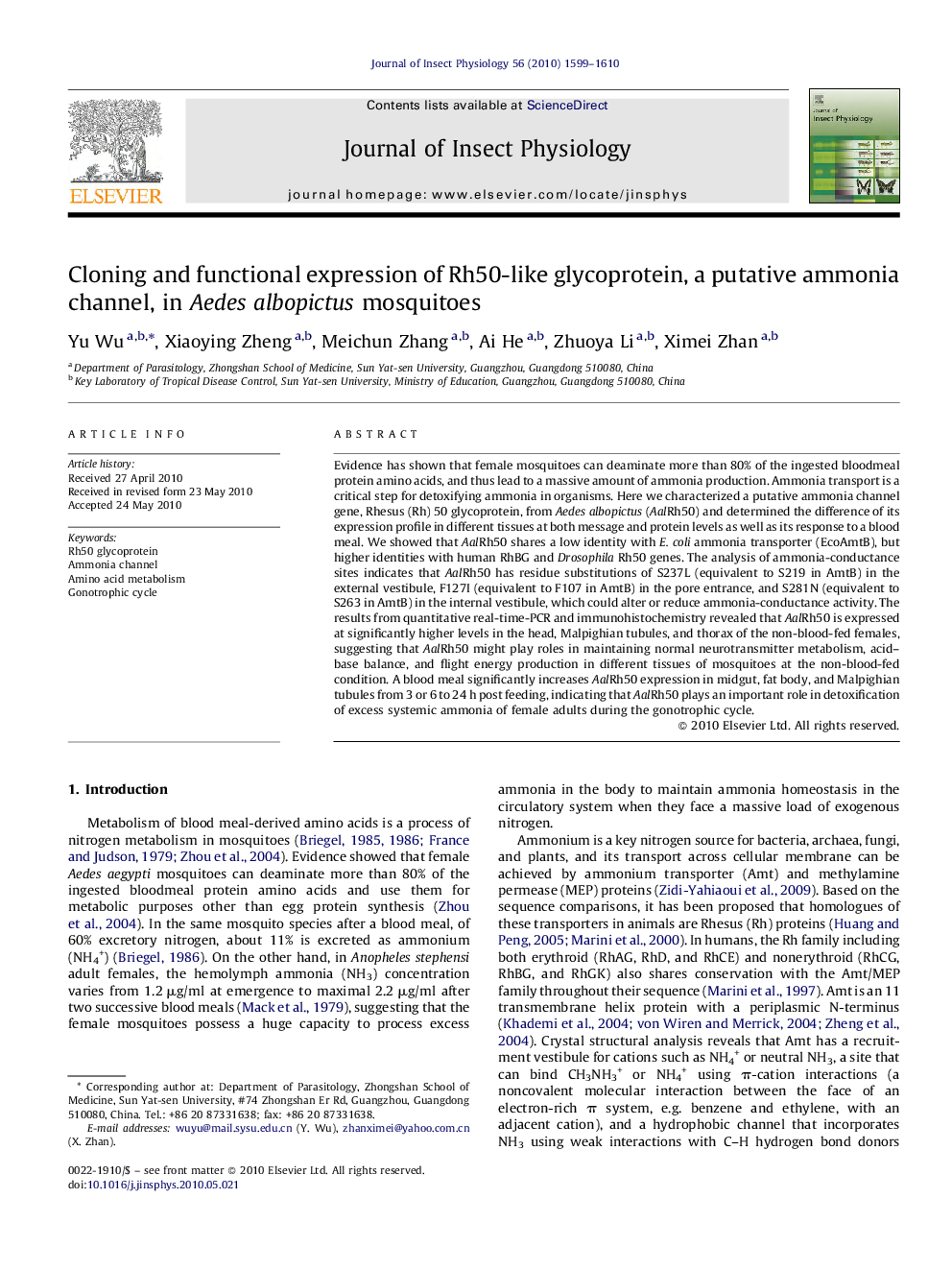 Cloning and functional expression of Rh50-like glycoprotein, a putative ammonia channel, in Aedes albopictus mosquitoes