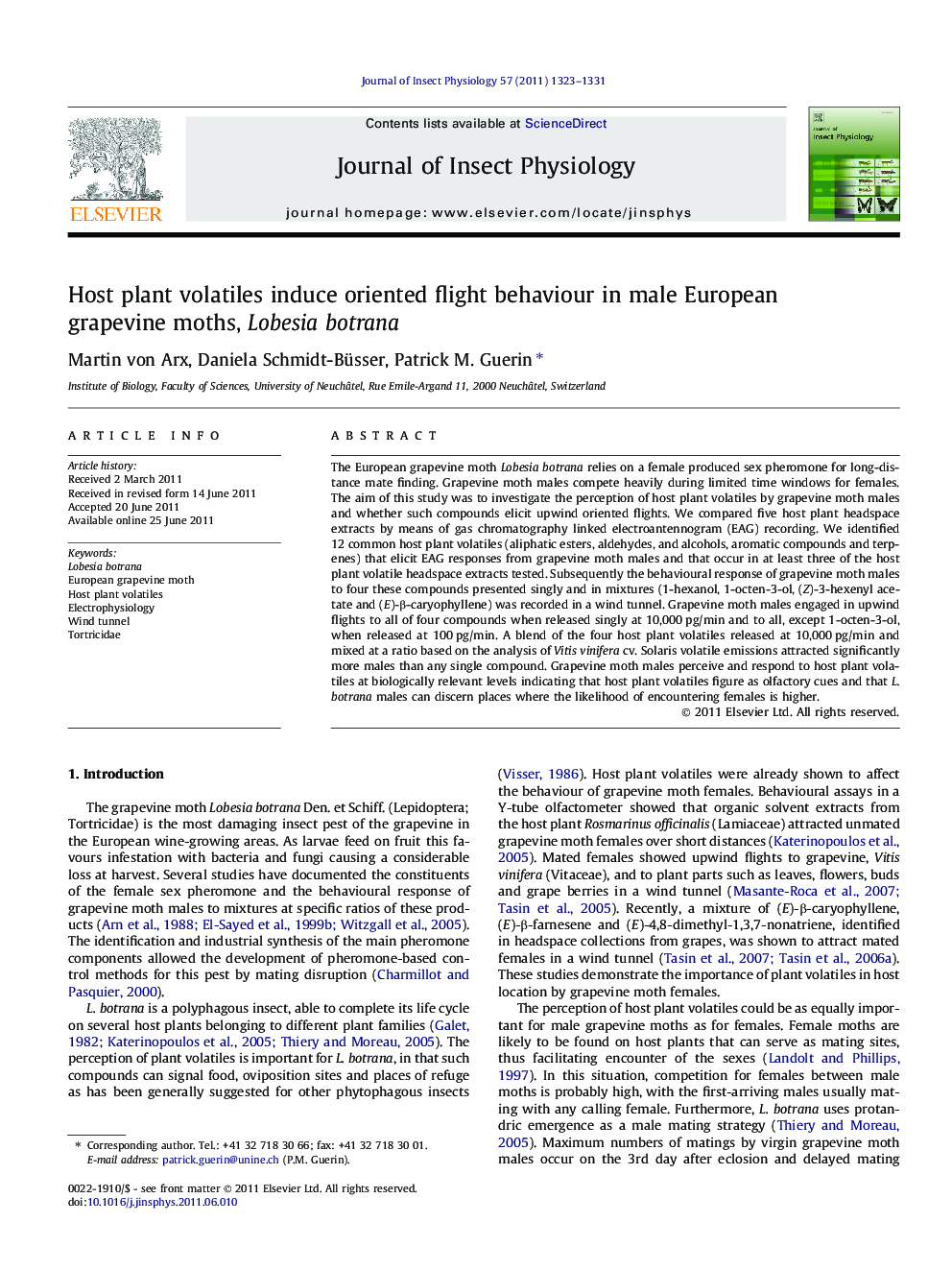 Host plant volatiles induce oriented flight behaviour in male European grapevine moths, Lobesia botrana