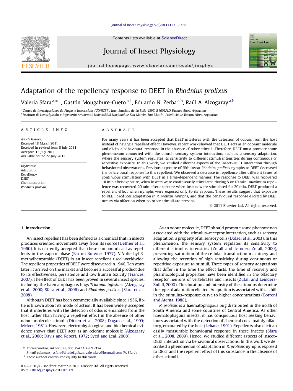 Adaptation of the repellency response to DEET in Rhodnius prolixus