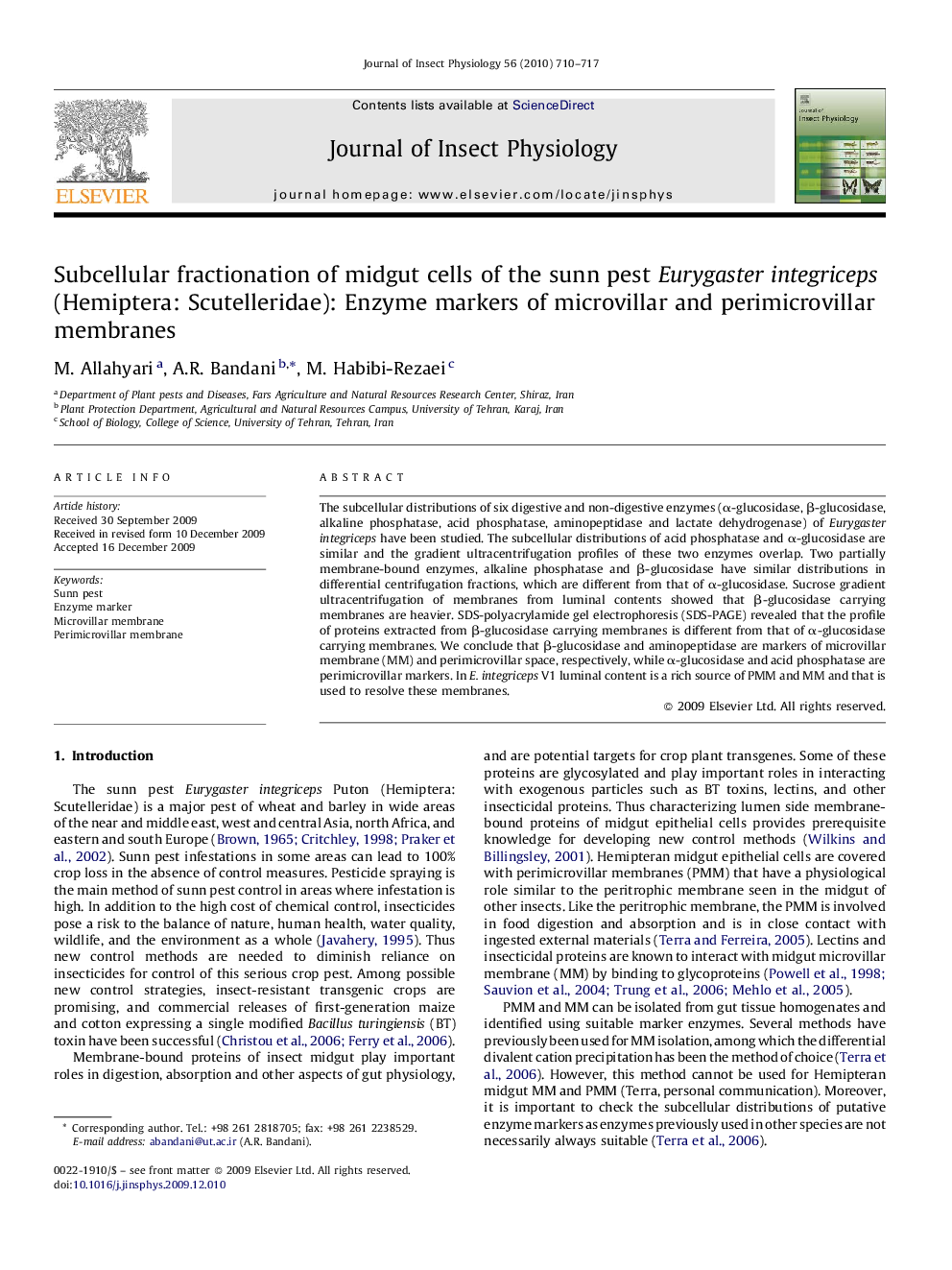 Subcellular fractionation of midgut cells of the sunn pest Eurygaster integriceps (Hemiptera: Scutelleridae): Enzyme markers of microvillar and perimicrovillar membranes