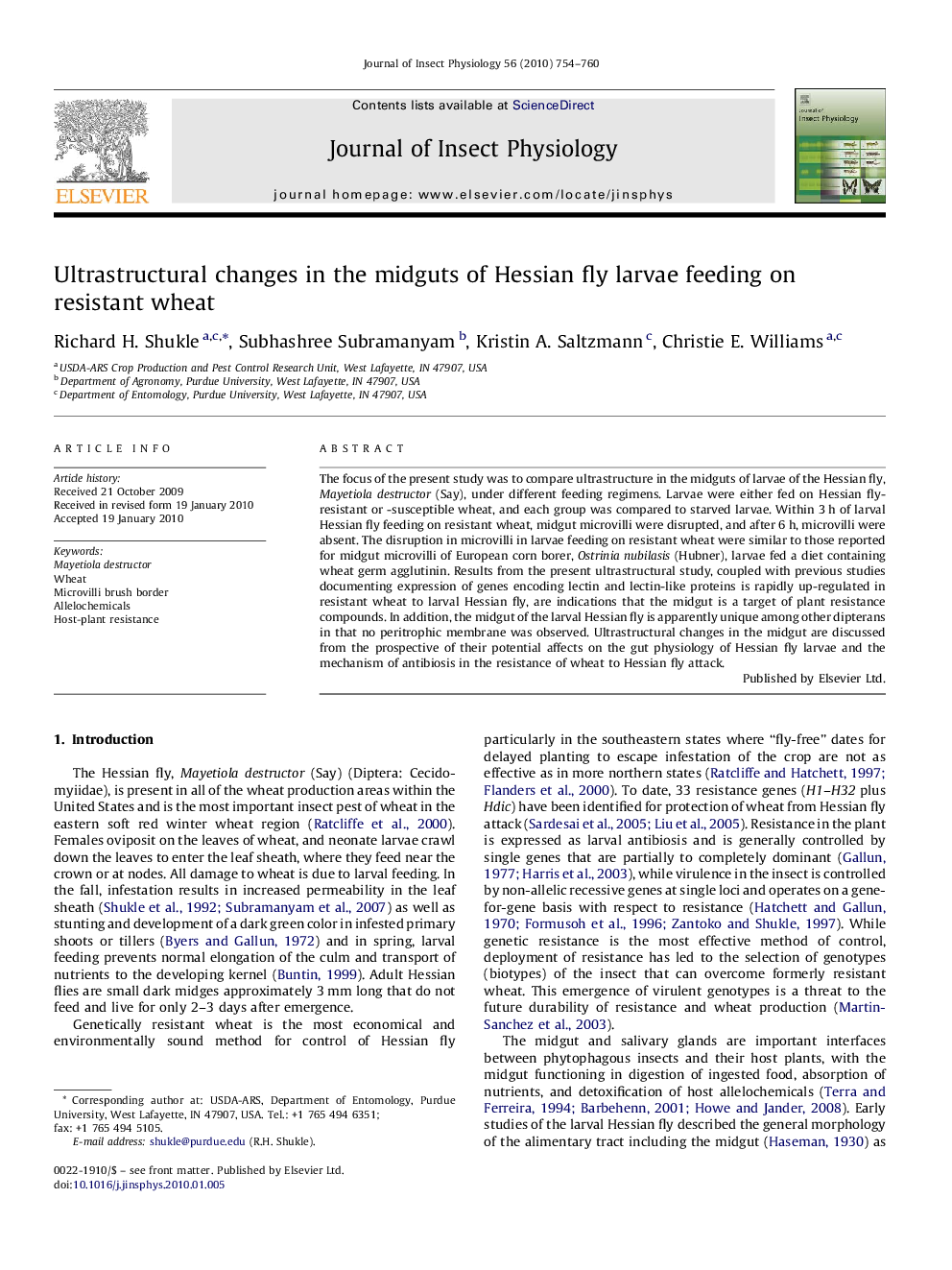 Ultrastructural changes in the midguts of Hessian fly larvae feeding on resistant wheat