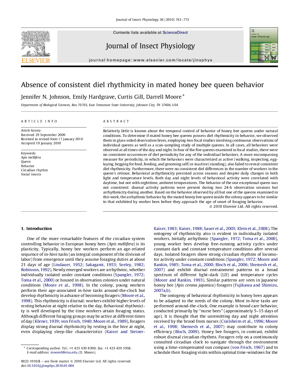 Absence of consistent diel rhythmicity in mated honey bee queen behavior